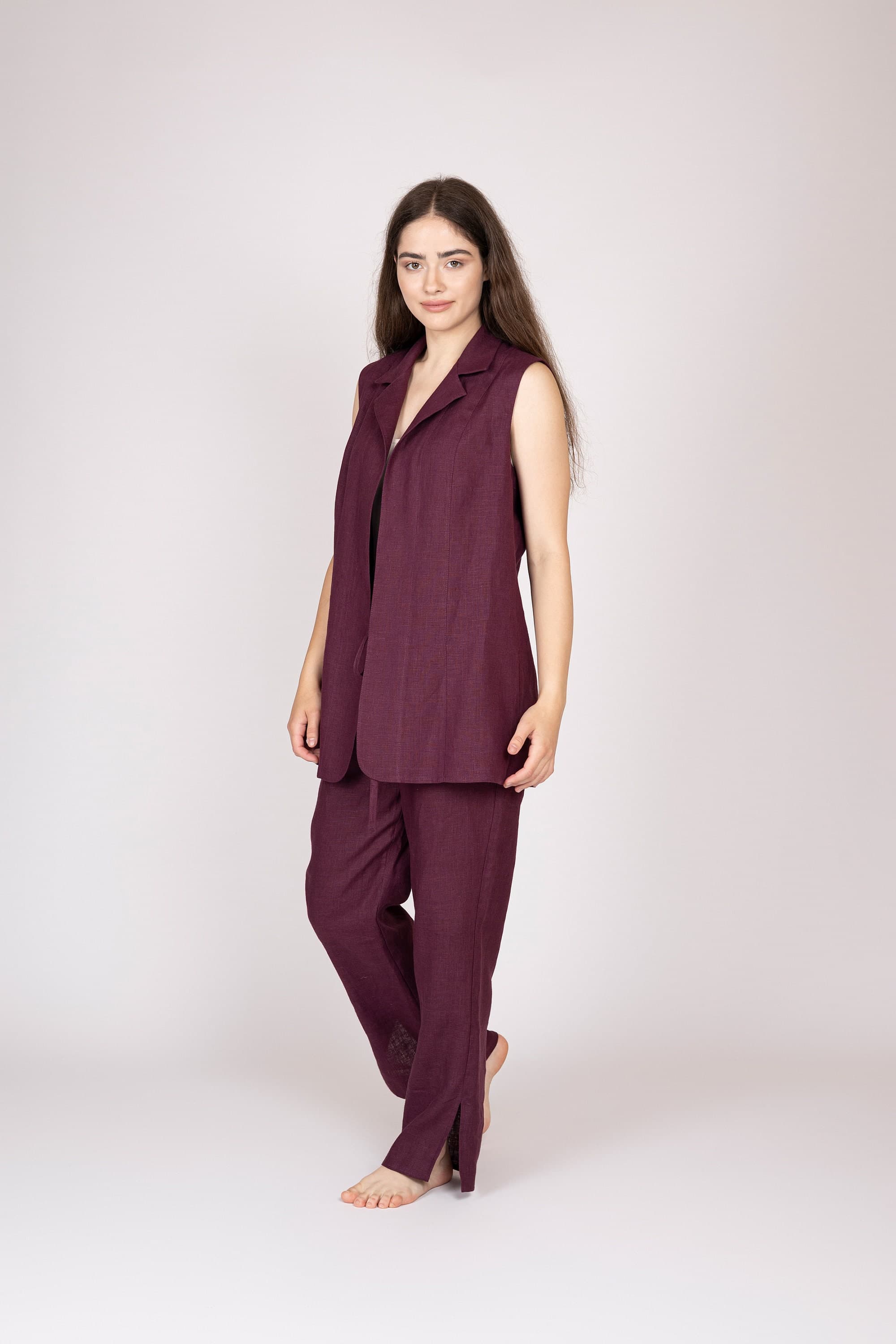 Belgian Linen Women's Elegant Set - Casual Loungewear - Sleeveless Jacket with Pants - 30 Colors - image 3