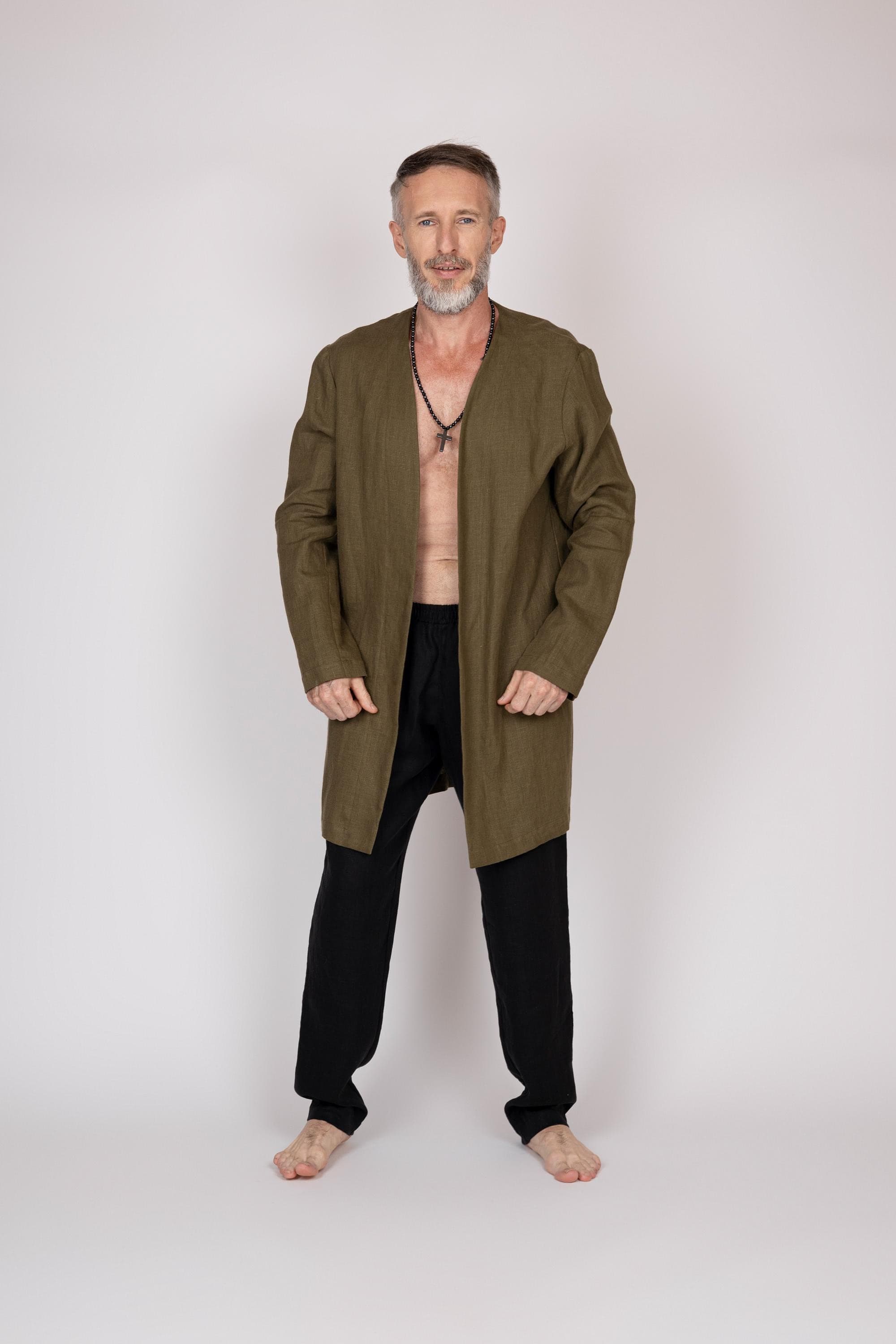 Belgian Linen Men's Coat - Organic Khaki Flax Robe - Spring Jacket for Man - 30 Colors