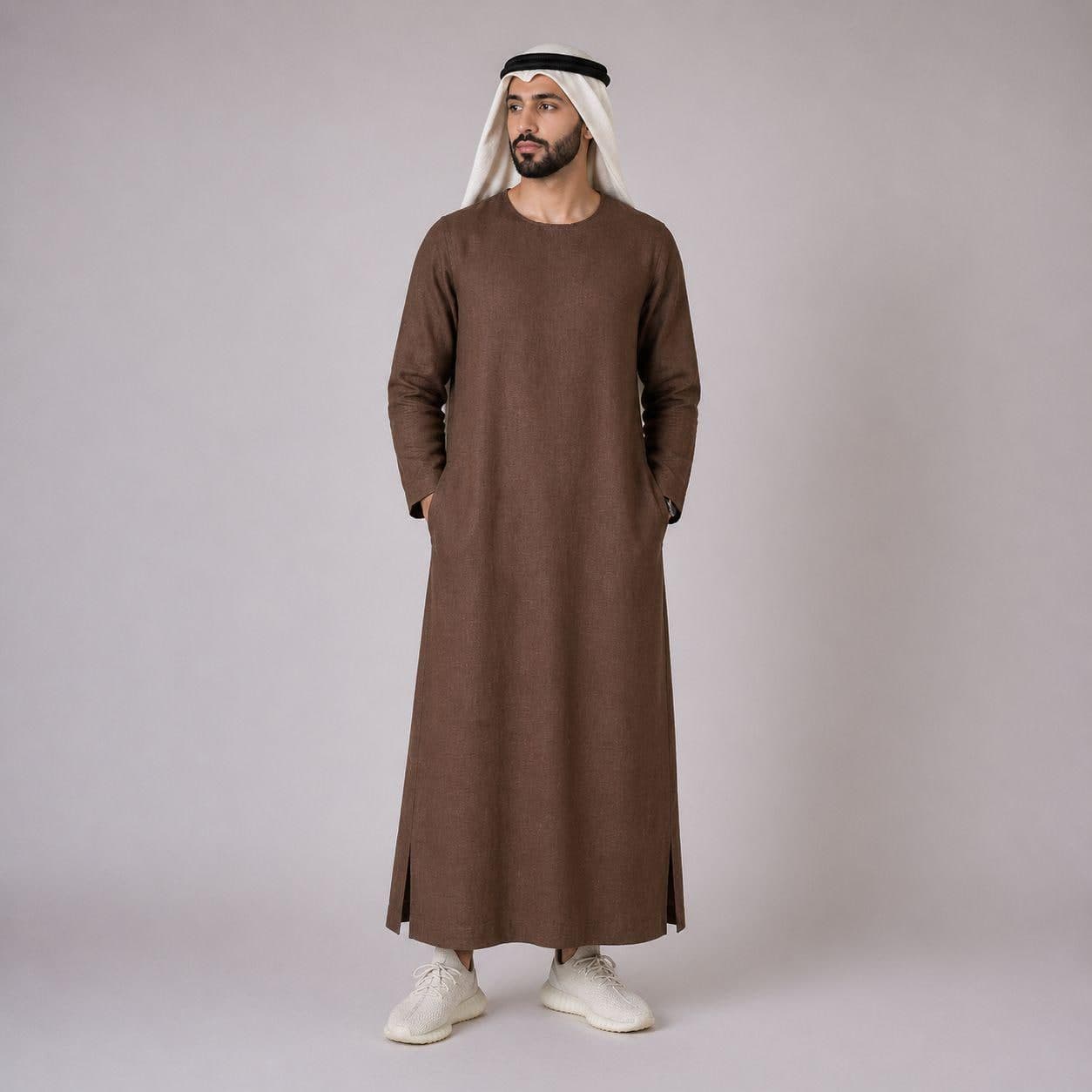 Belgian Linen Men's Thobe - Chocolate Color - Resort Kaftan Men - Linen Jubba - Omani Dishdasha