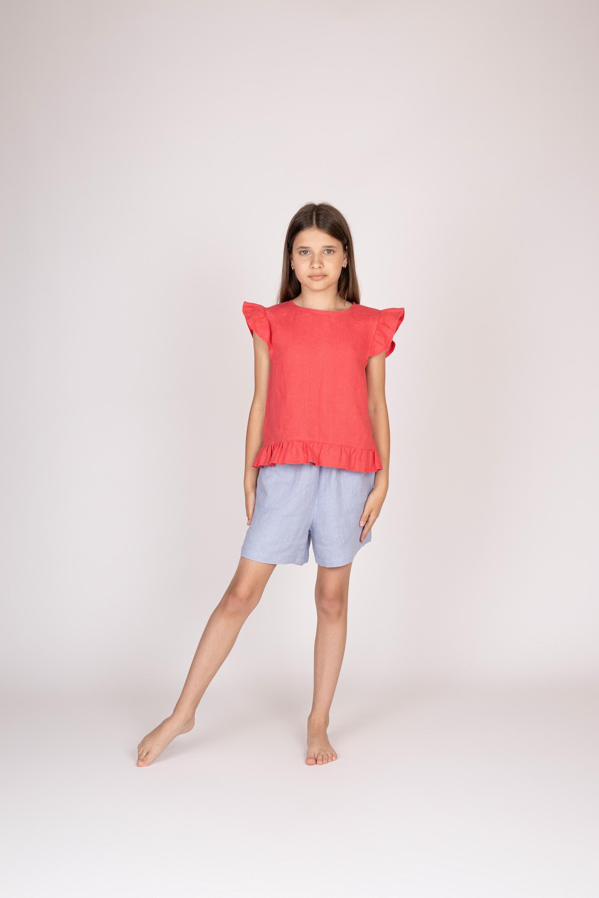 Belgian Linen Kids' Top - Flutter Sleeves Girls Shirt - Ruffle Flare Tops - 30 Colors