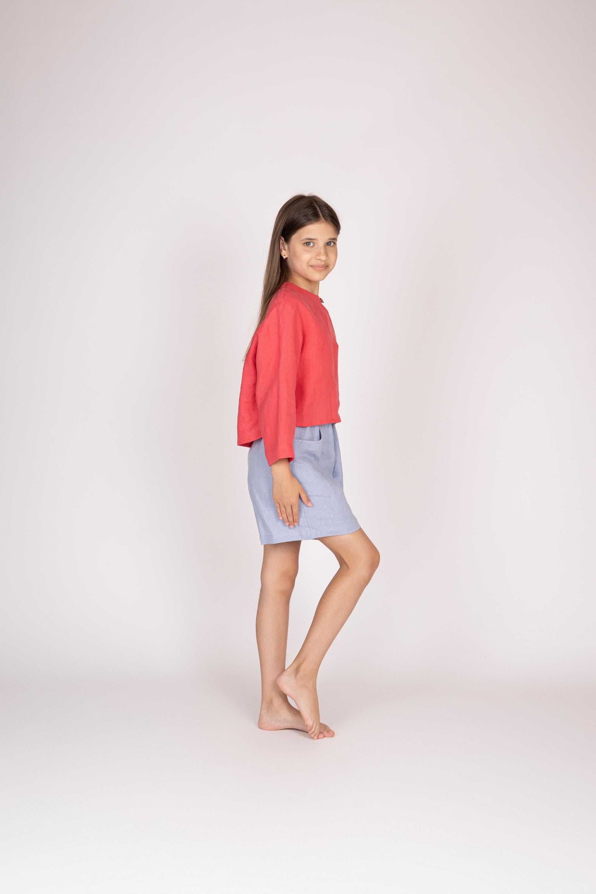 Belgian Linen Kids' Shirt - 7/8 Sleeve Teen Blouse - Button Neck Style Top - 30 Colors - image 3