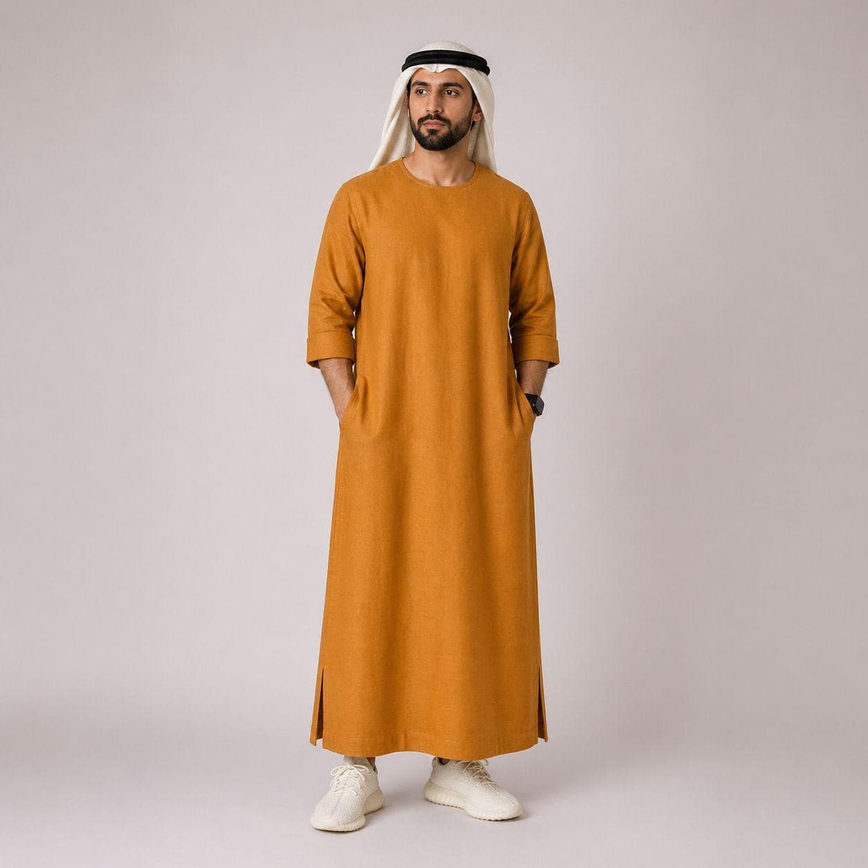 Belgian Linen Men's Thobe - Gold Color - Breathable Flax Wear - Designer Thobes - Modern Arab Clothing