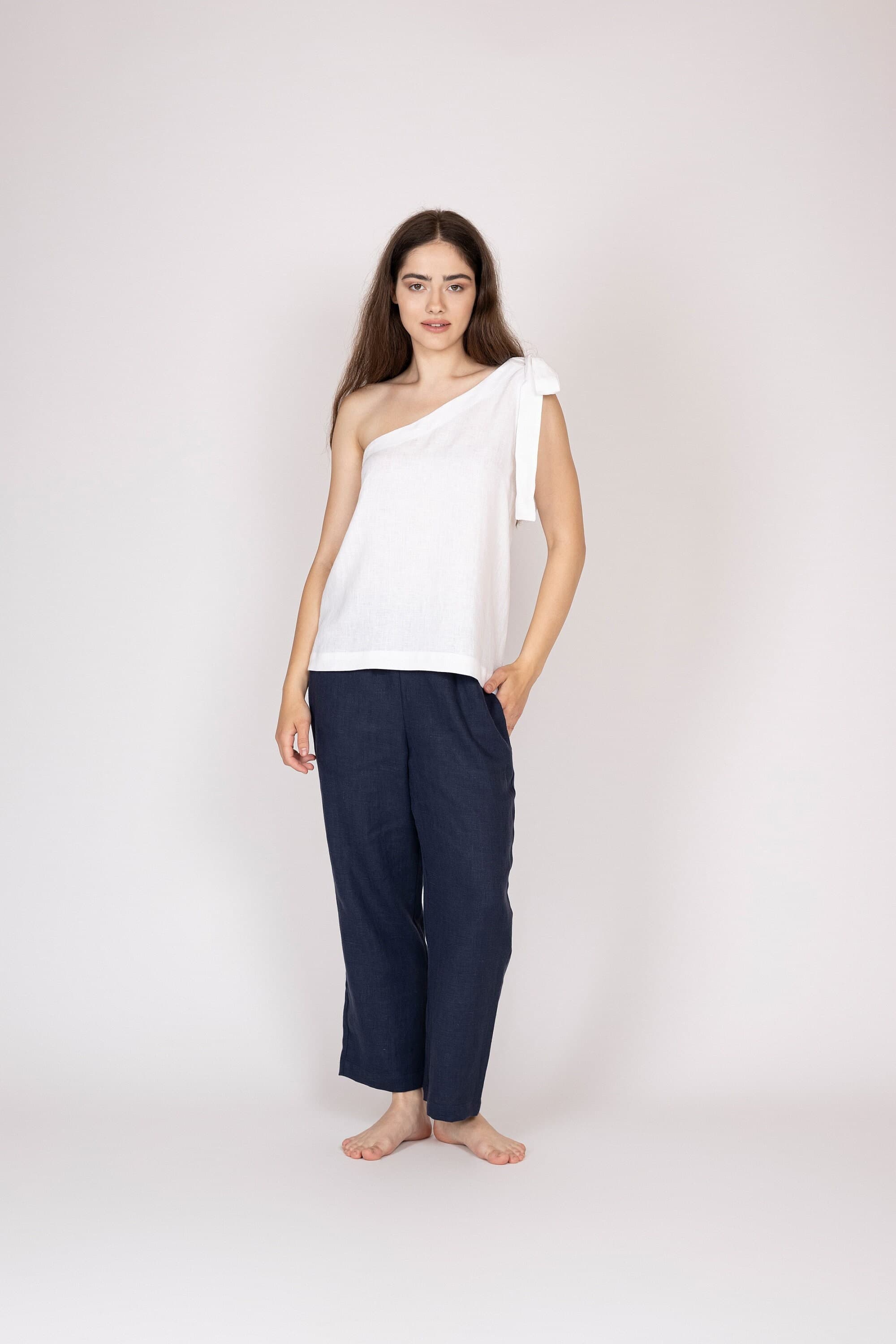 Belgian Linen Women One Shoulder Top - Toga Style Shirt - Greek Vacation Blouse - 30 Colors