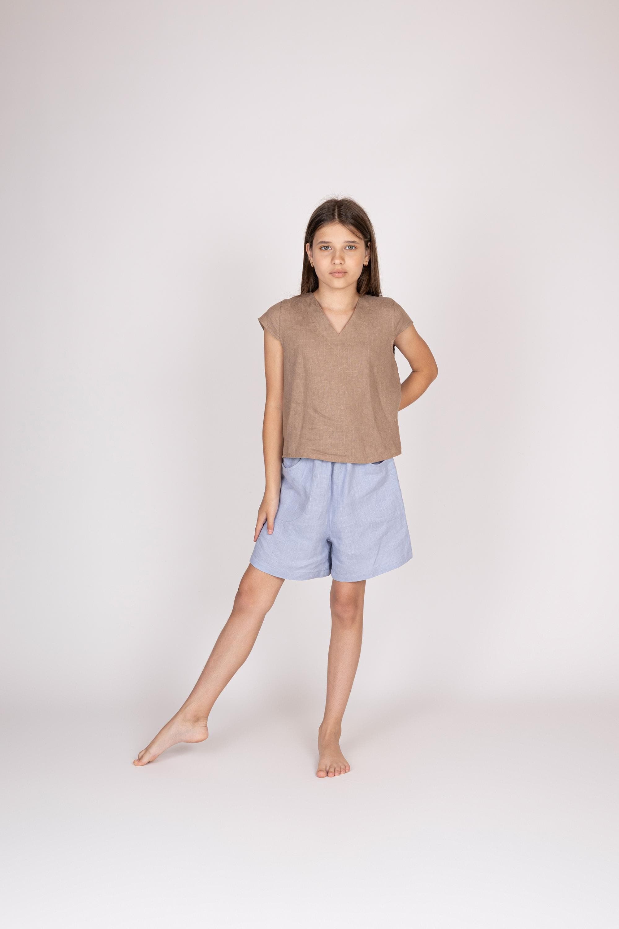 Belgian Linen Girl's Top - V-Neck Sleeveless Crop Top - Back Adjustable Ties - 30 Colors