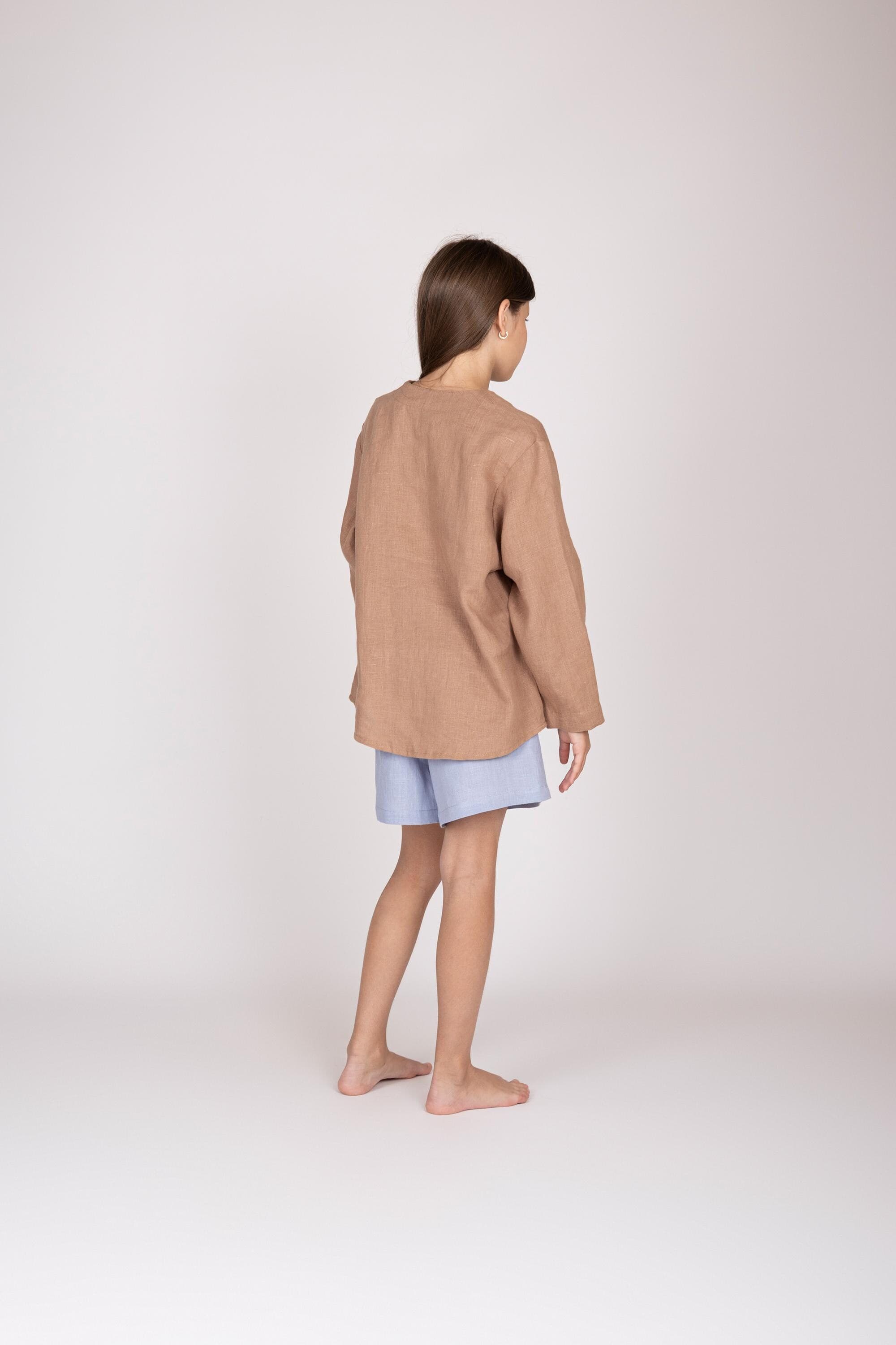 Belgian Linen Teens' Top - Split Neck Kids Shirts - Long Sleeve Blouse - 30 Colors - image 4