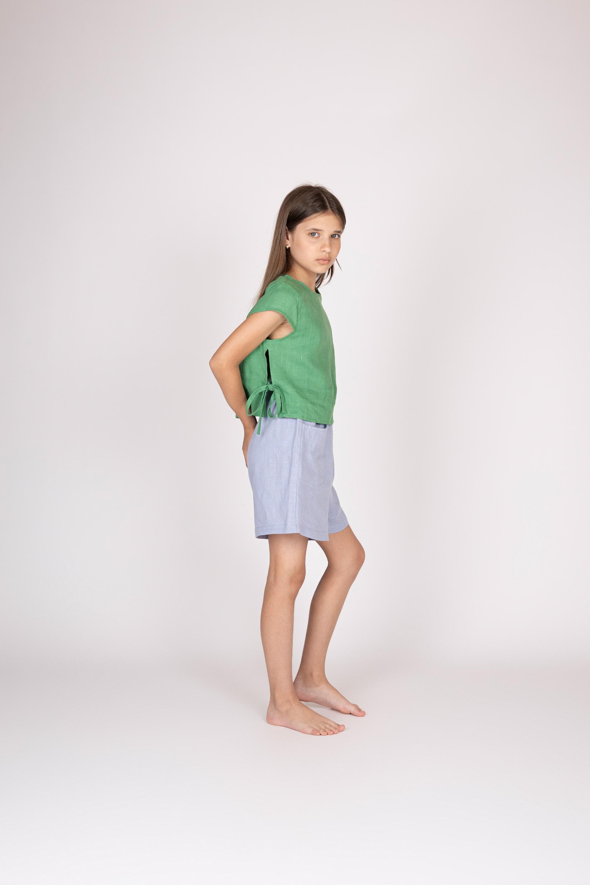 Belgian Linen Kids Top - Green Summer Blouse - Natural Flax Fabric - 30 Colors - image 3