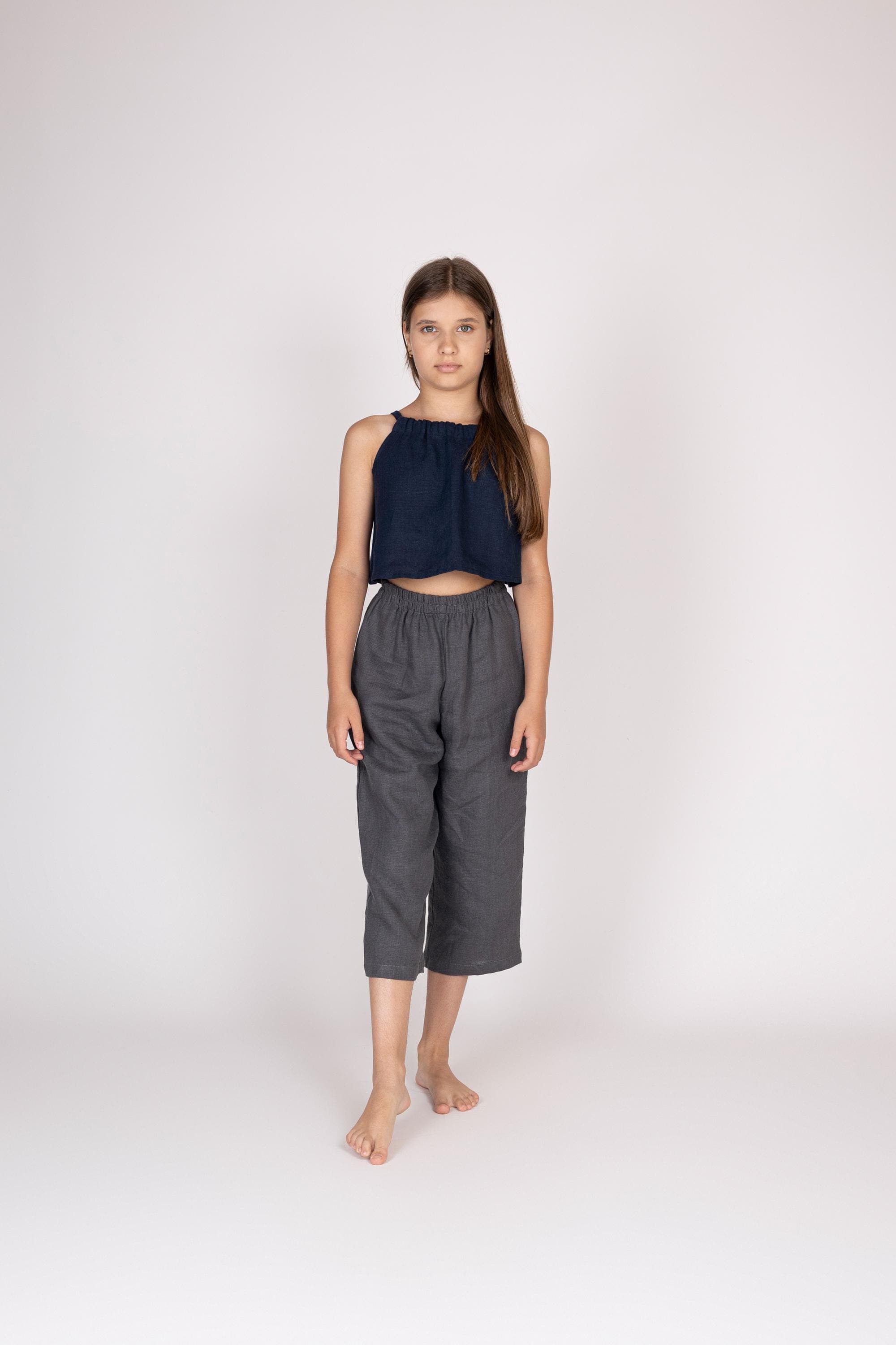 Belgian Linen Kids' Halter Neck Top - Gathered Flax Crop Tee - Minimal Blouse- 30 Colors