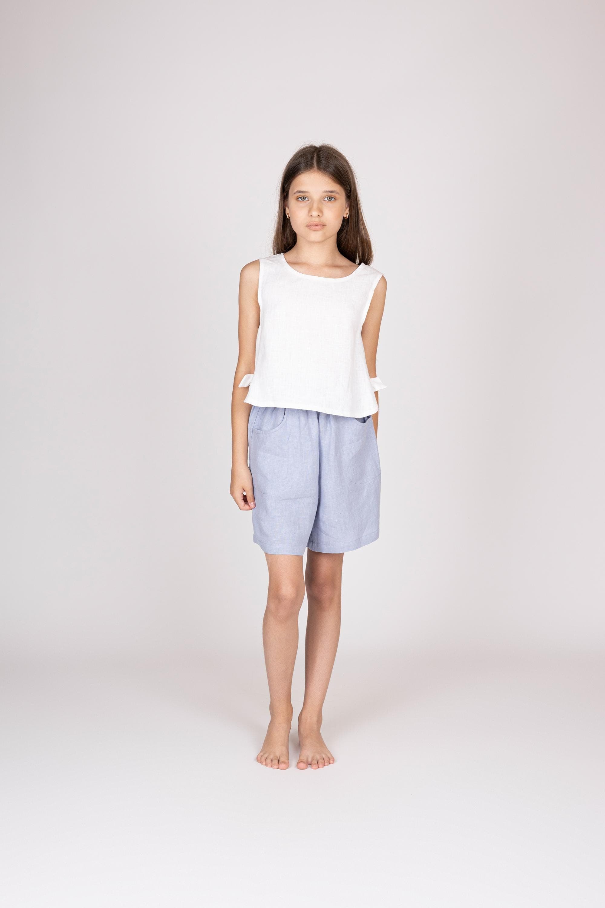Belgian Linen Kids' Short Top - White Stone Washed - Cropped No Sleeve Shirt - 30 Colors