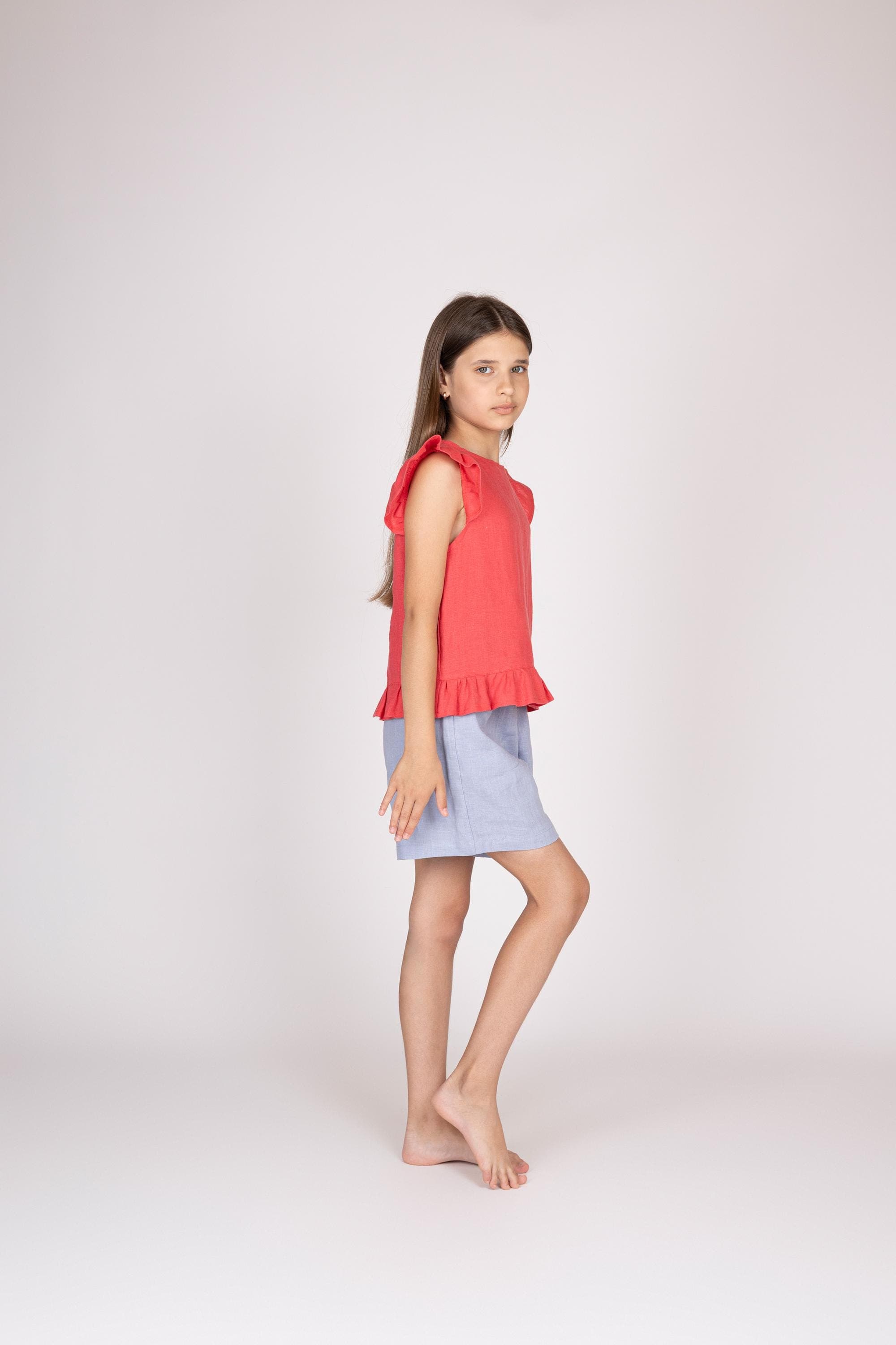 Belgian Linen Kids' Top - Flutter Sleeves Girls Shirt - Ruffle Flare Tops - 30 Colors - image 4