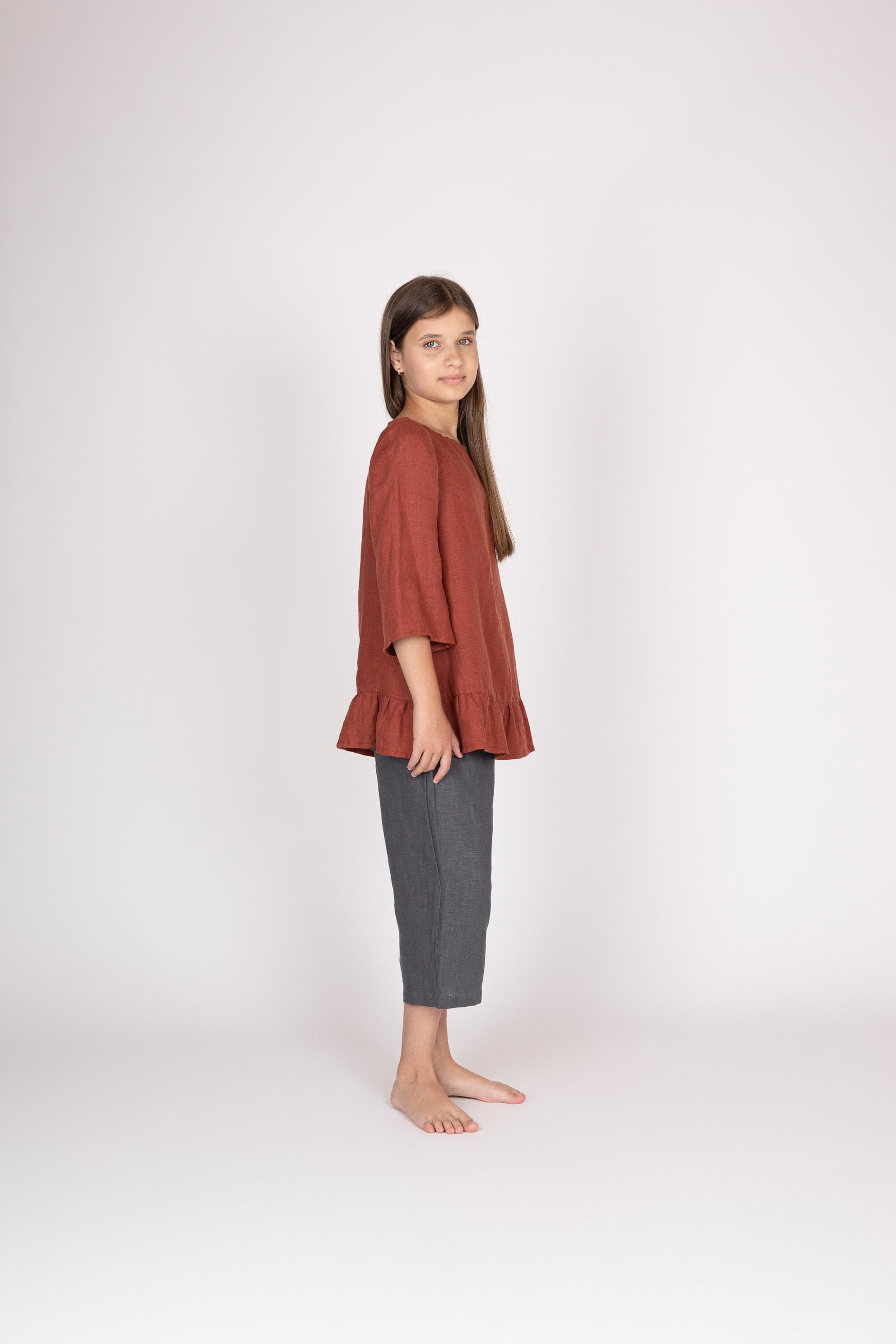 Belgian Linen Teens Blouse - 3/4 Sleeve Shirt - KIds Girls Terracotta Tops - 30 Colors - image 3