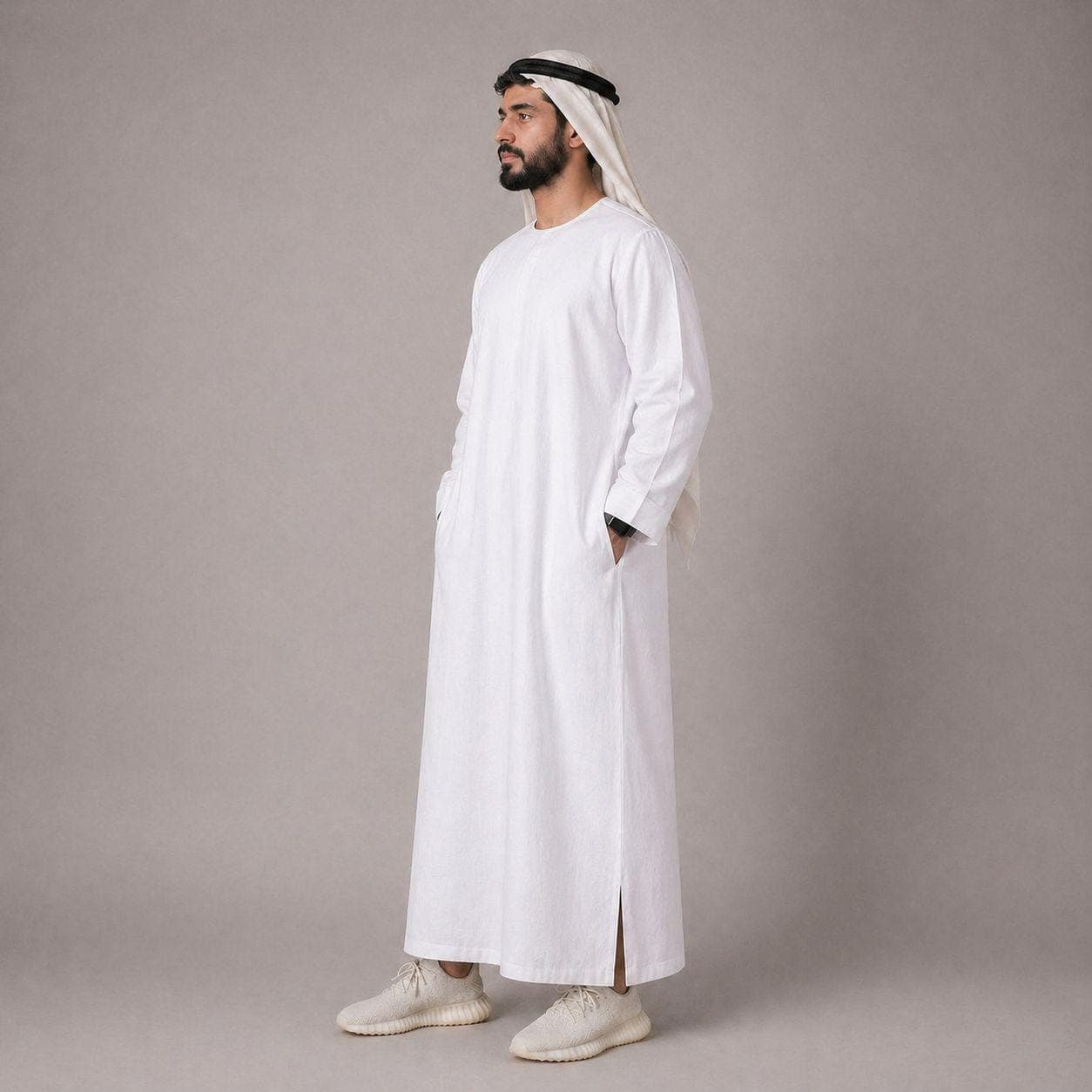Belgian Linen Men's Thobe - White Color - Casual Kaftan for Man - Saudi Kurtas - Dubai Style