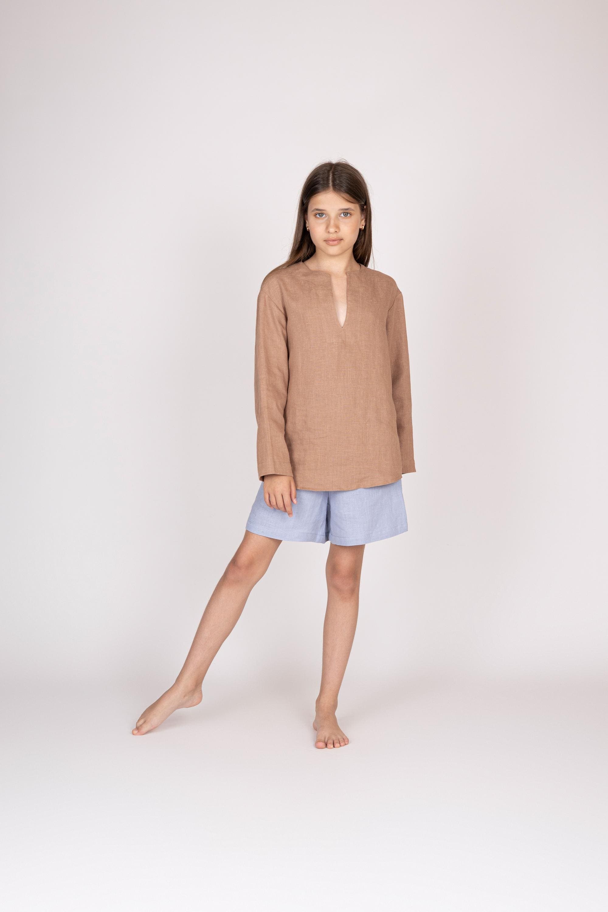Belgian Linen Teens' Top - Split Neck Kids Shirts - Long Sleeve Blouse - 30 Colors