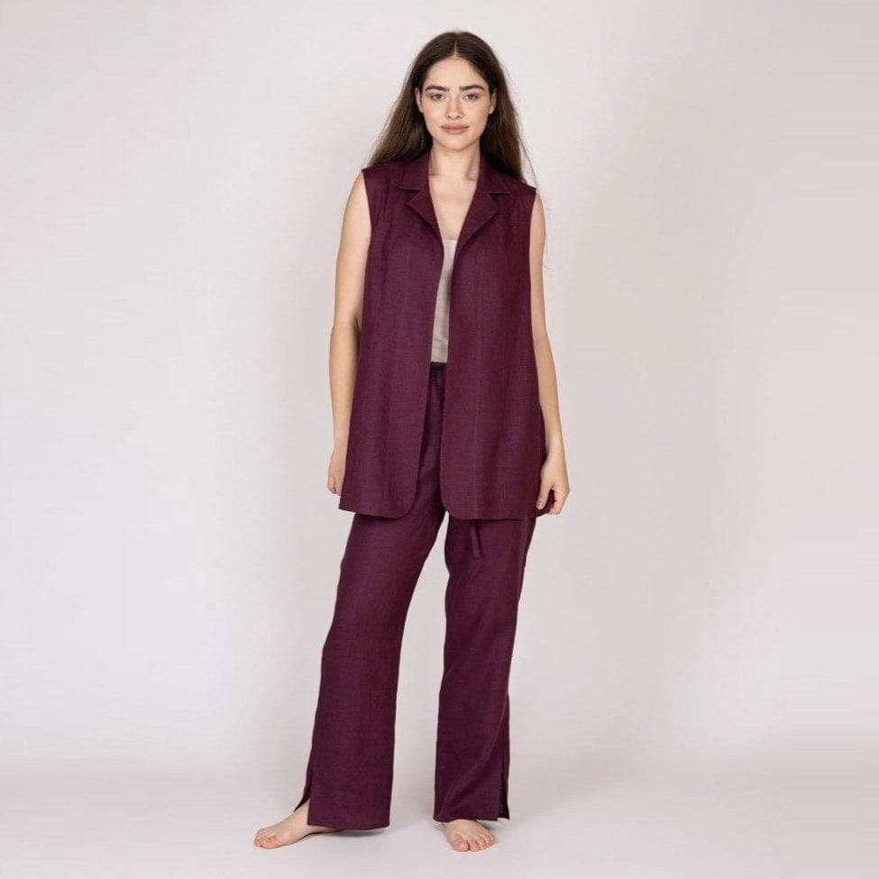 Belgian Linen Women's Elegant Set - Casual Loungewear - Sleeveless Jacket with Pants - 30 Colors