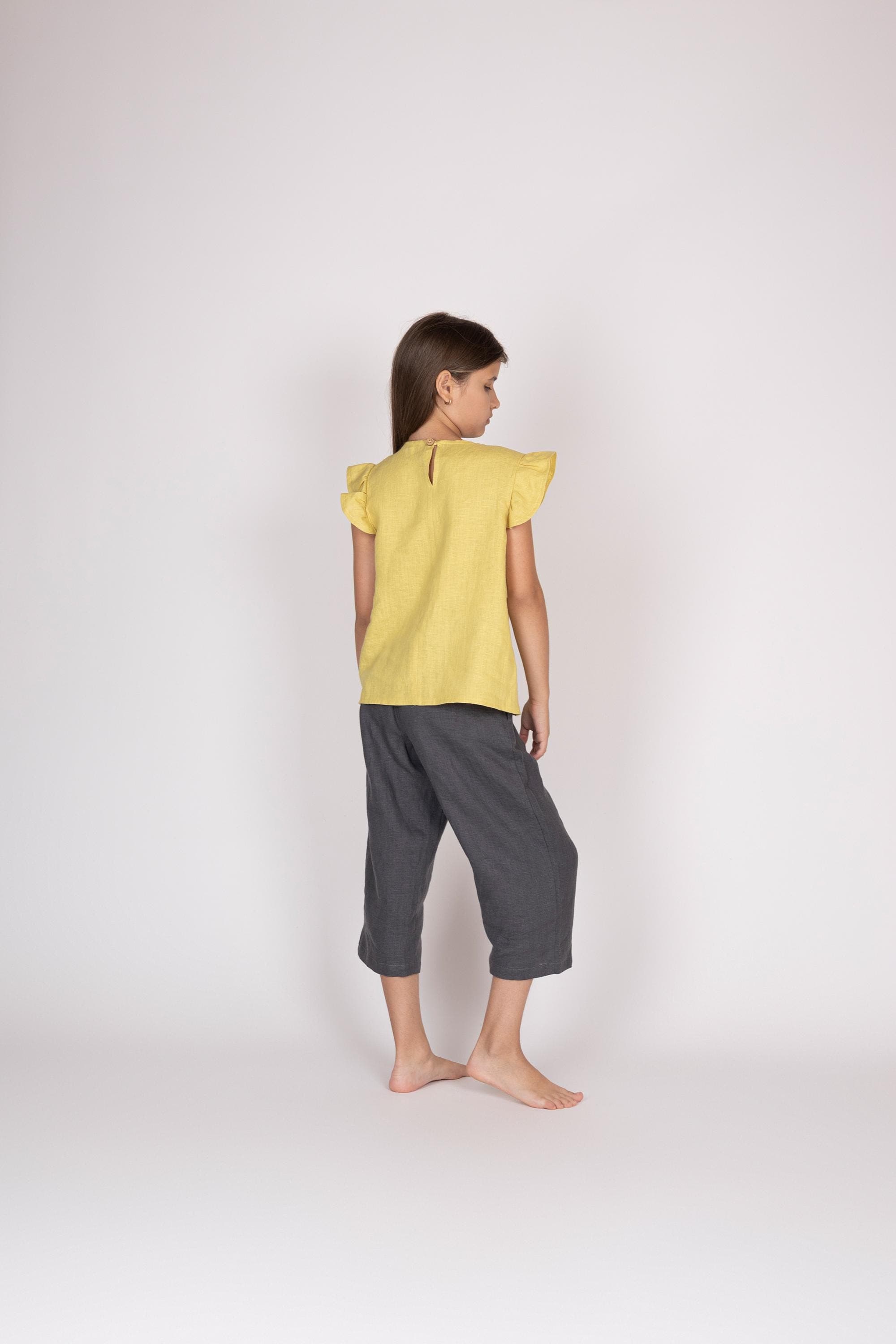 Belgian Linen Kids' Frill Sleeve Top - Flutter Sleeves Shirt - Ruffle Tee Girls - 30 Colors - image 4