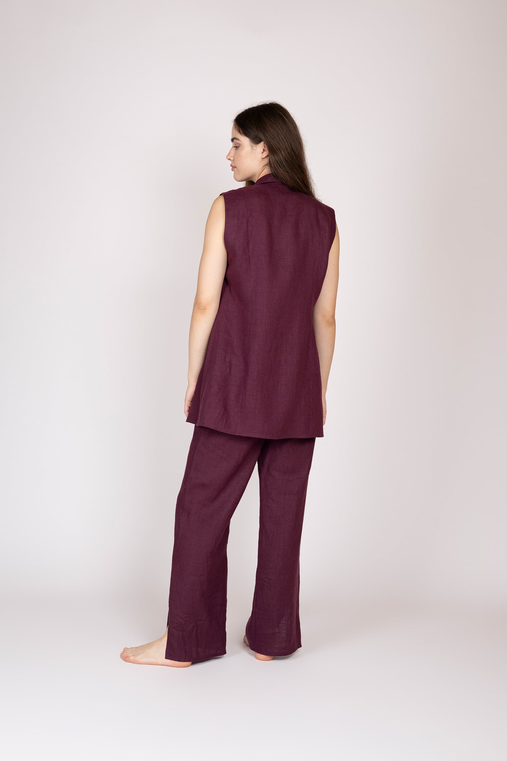 Belgian Linen Women's Elegant Set - Casual Loungewear - Sleeveless Jacket with Pants - 30 Colors - image 4
