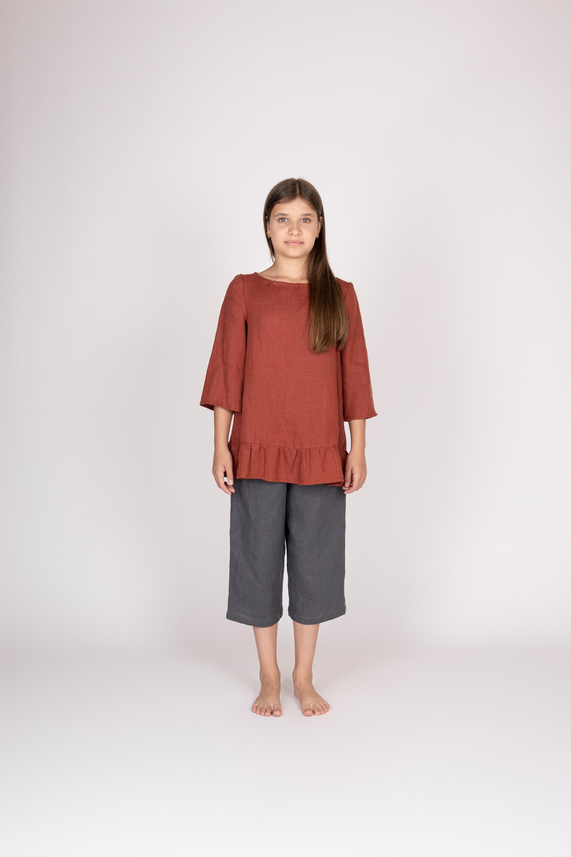 Belgian Linen Teens Blouse - 3/4 Sleeve Shirt - KIds Girls Terracotta Tops - 30 Colors