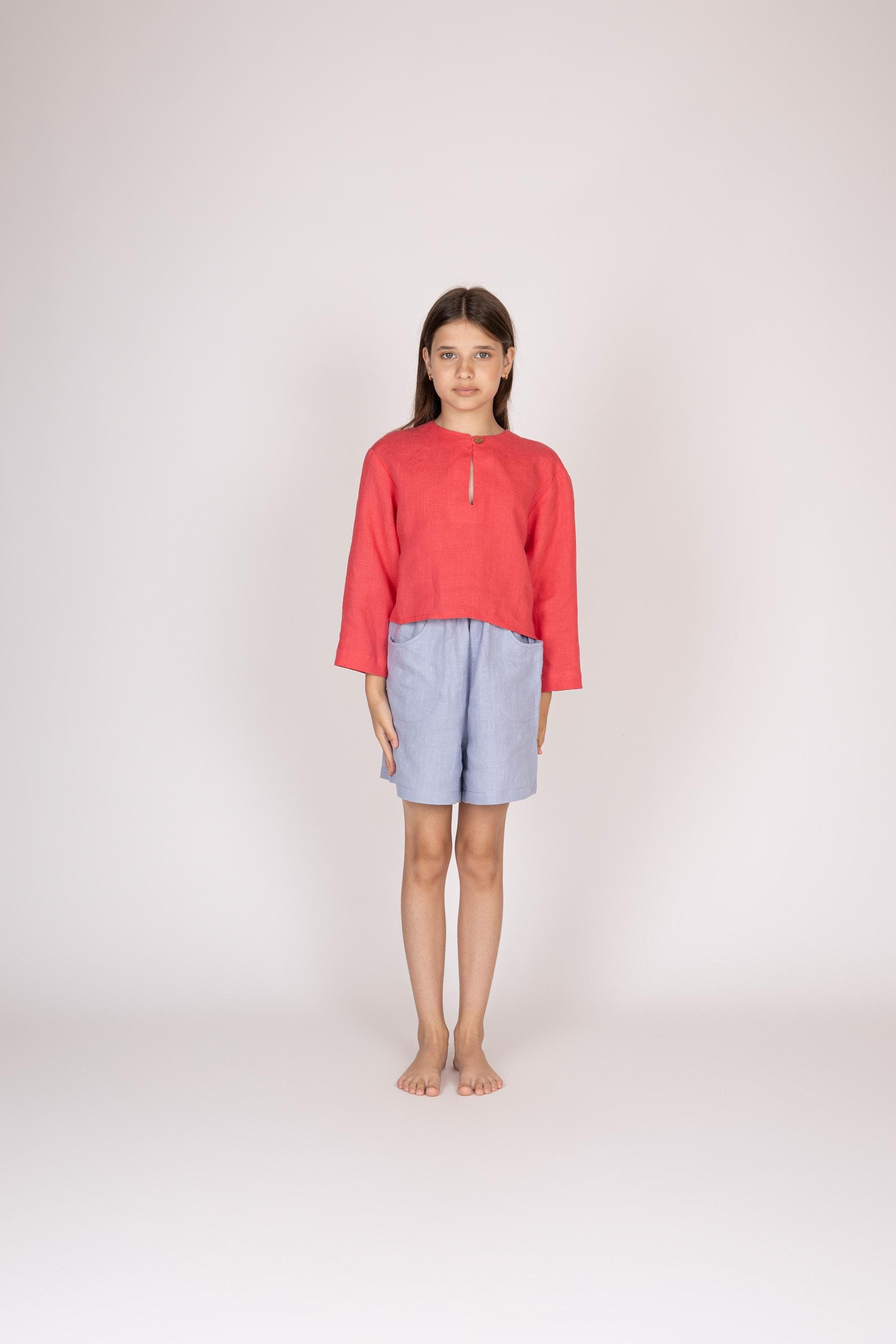 Belgian Linen Kids' Shirt - 7/8 Sleeve Teen Blouse - Button Neck Style Top - 30 Colors