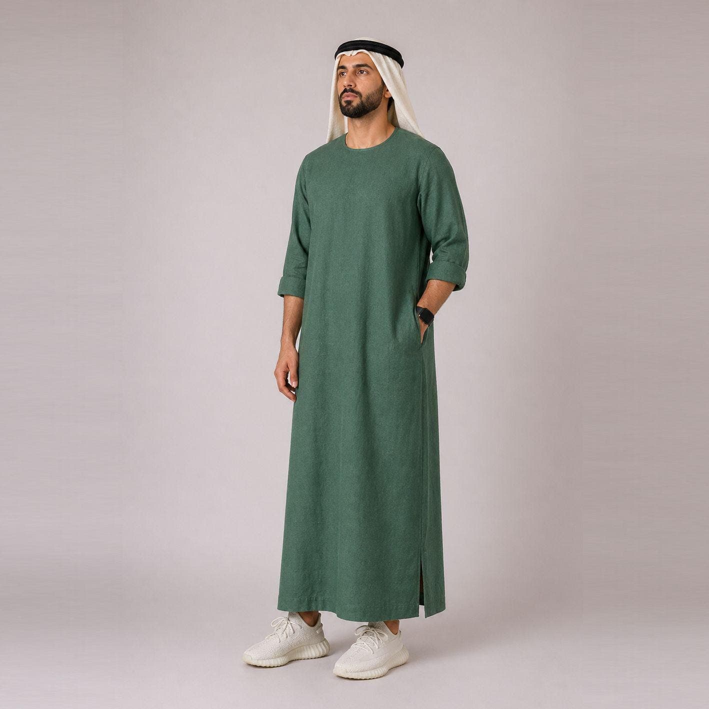 Belgian Linen Men's Thobe - Emerald Color - Relaxed Fit Thobes - Soft Linen Kaftan - Daily Kurta