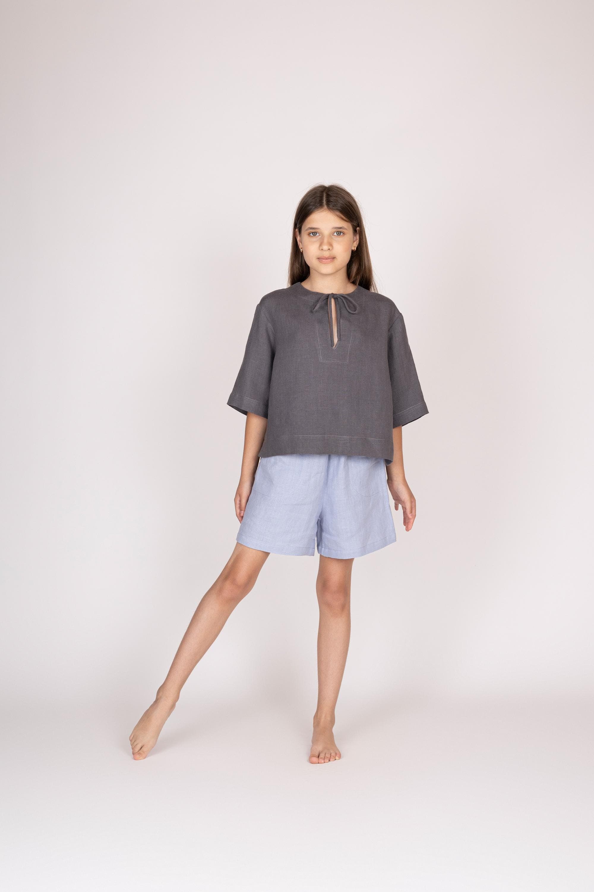 Belgian Linen Kids Half Sleeve Top - Graphite Gray Soft Silky Girls' Shirt - 30 Colors