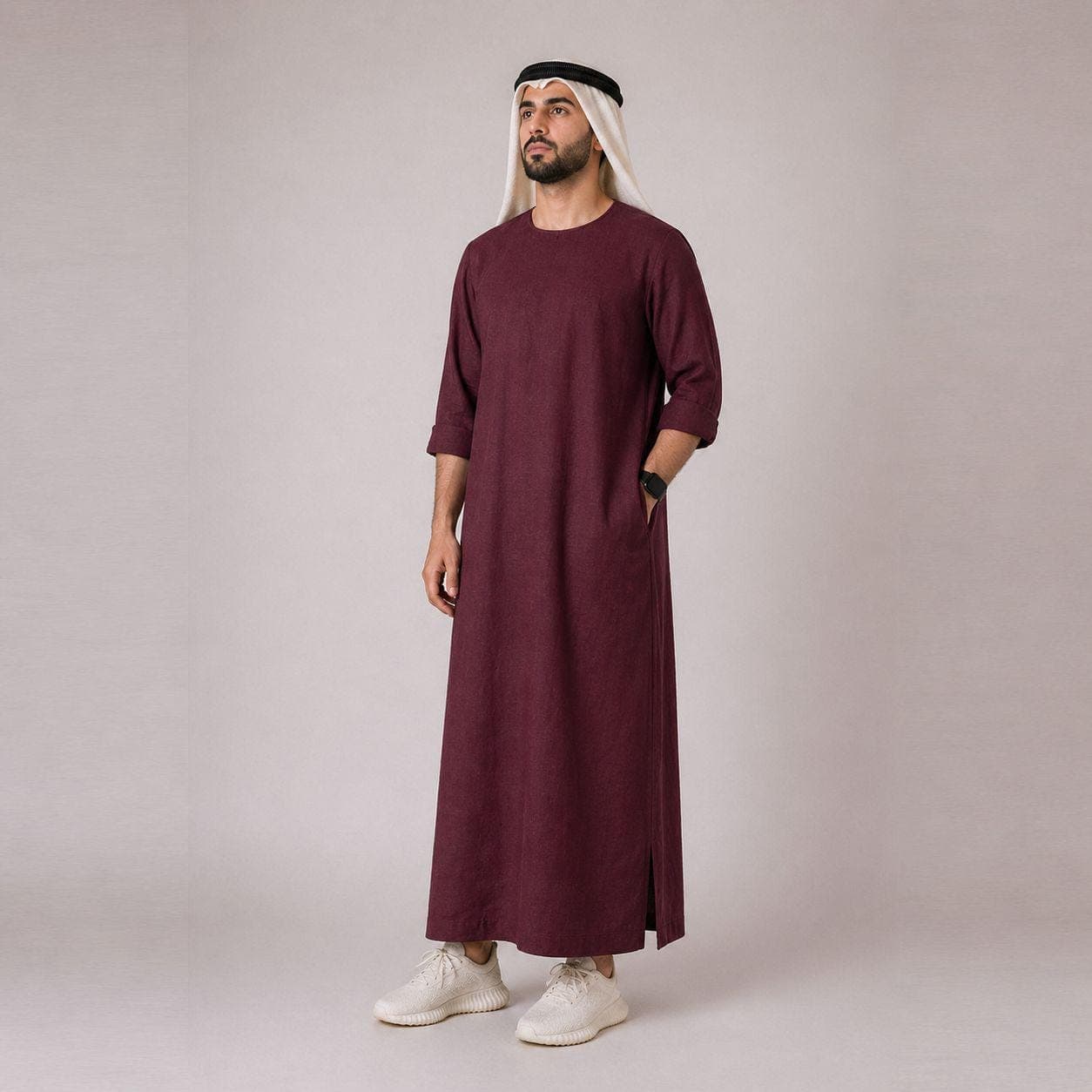 Belgian Linen Men's Thobe - Wine Color - Classic Jubba - Desert Kandura - Luxury Kaftan for Men - image 3