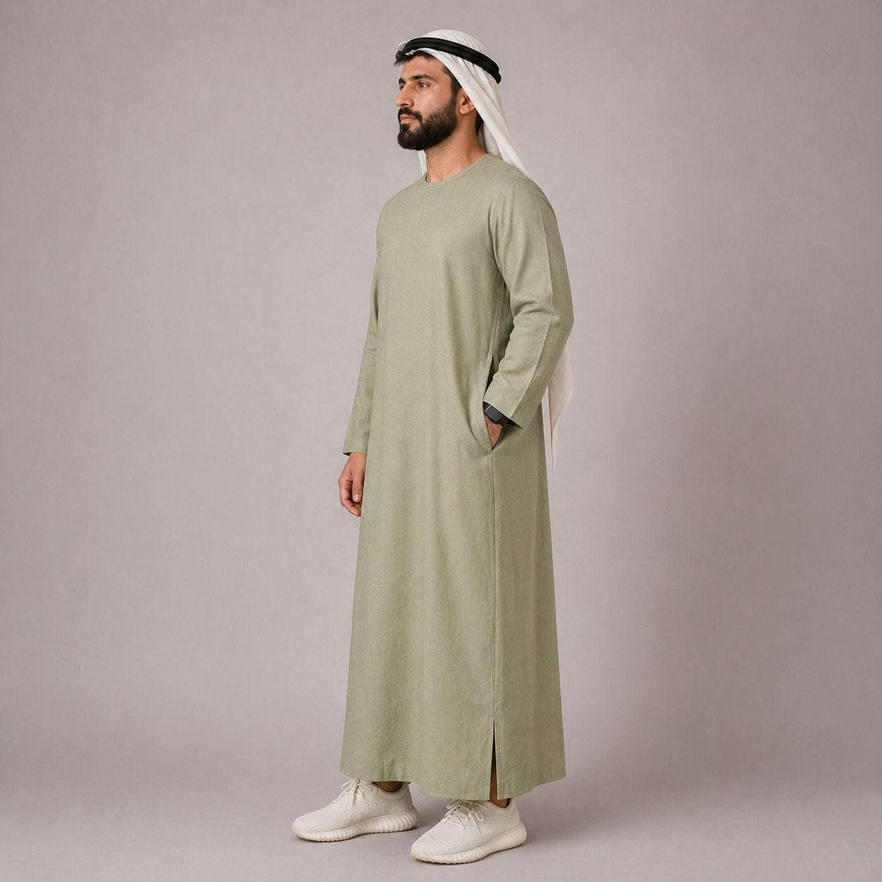 Belgian Linen Men's Thobe - Olive Color - Long Bisht - Plain Linen Kaftan - Urban Kaftans Men