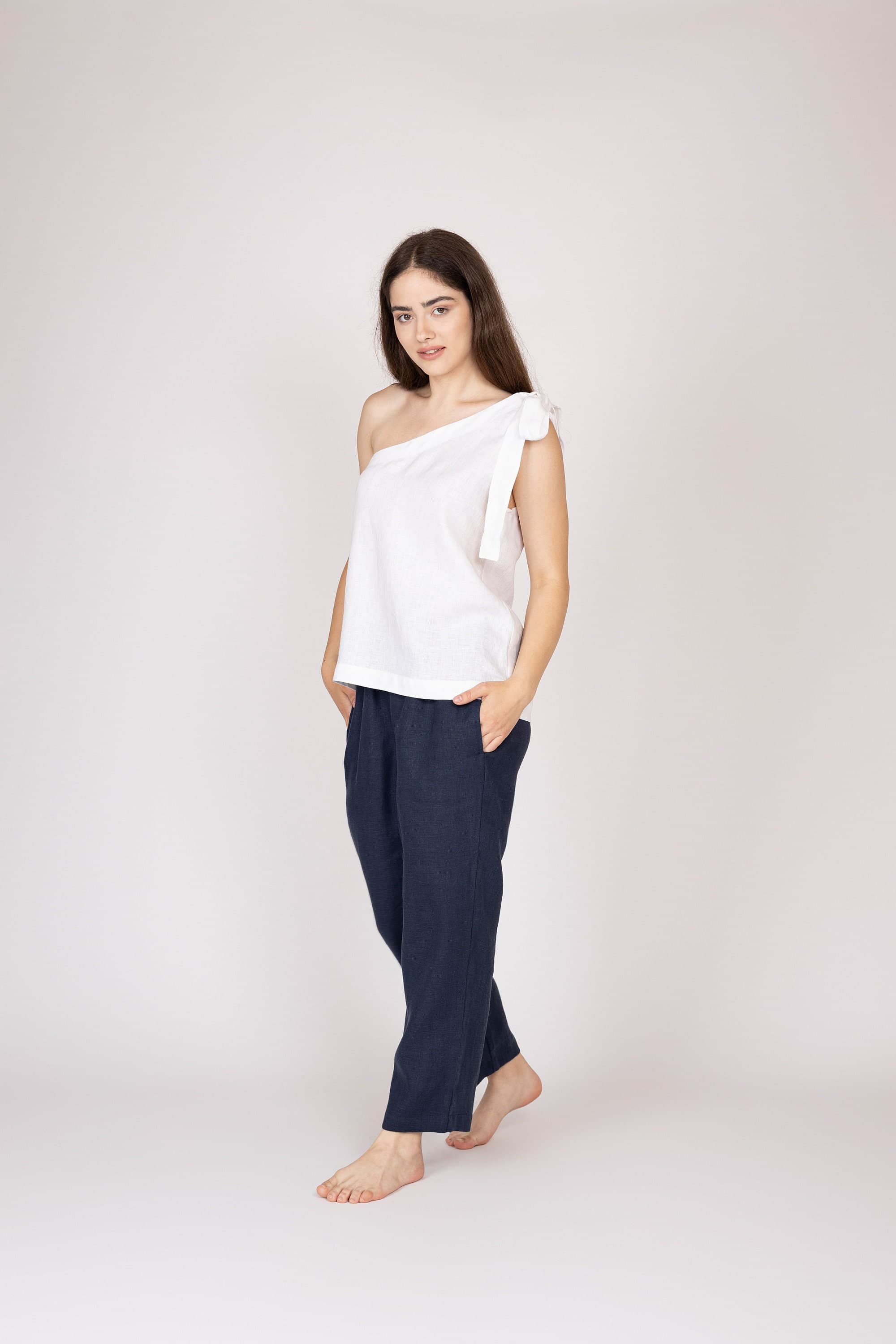 Belgian Linen Women One Shoulder Top - Toga Style Shirt - Greek Vacation Blouse - 30 Colors - image 3