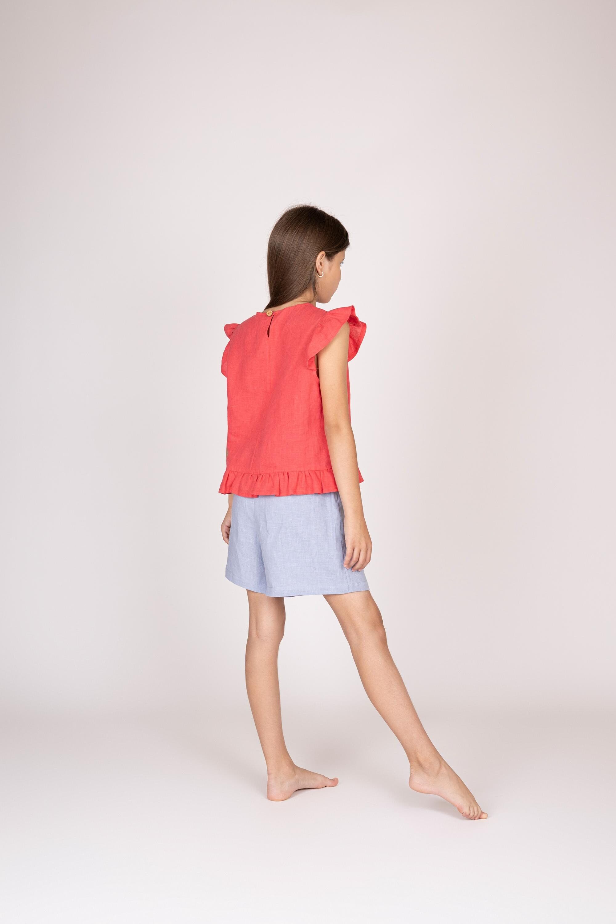 Belgian Linen Kids' Top - Flutter Sleeves Girls Shirt - Ruffle Flare Tops - 30 Colors - image 5