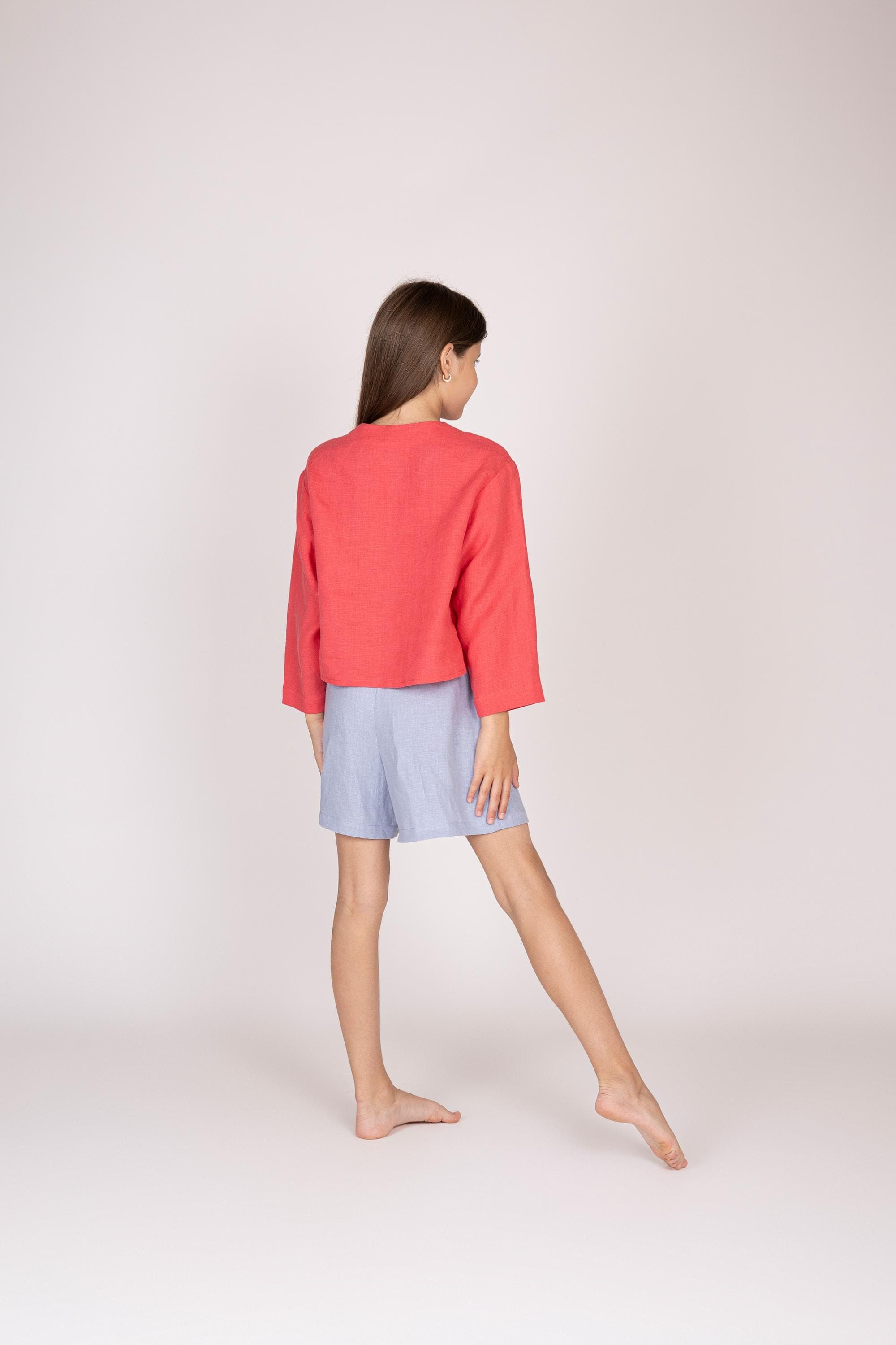 Belgian Linen Kids' Shirt - 7/8 Sleeve Teen Blouse - Button Neck Style Top - 30 Colors - image 4