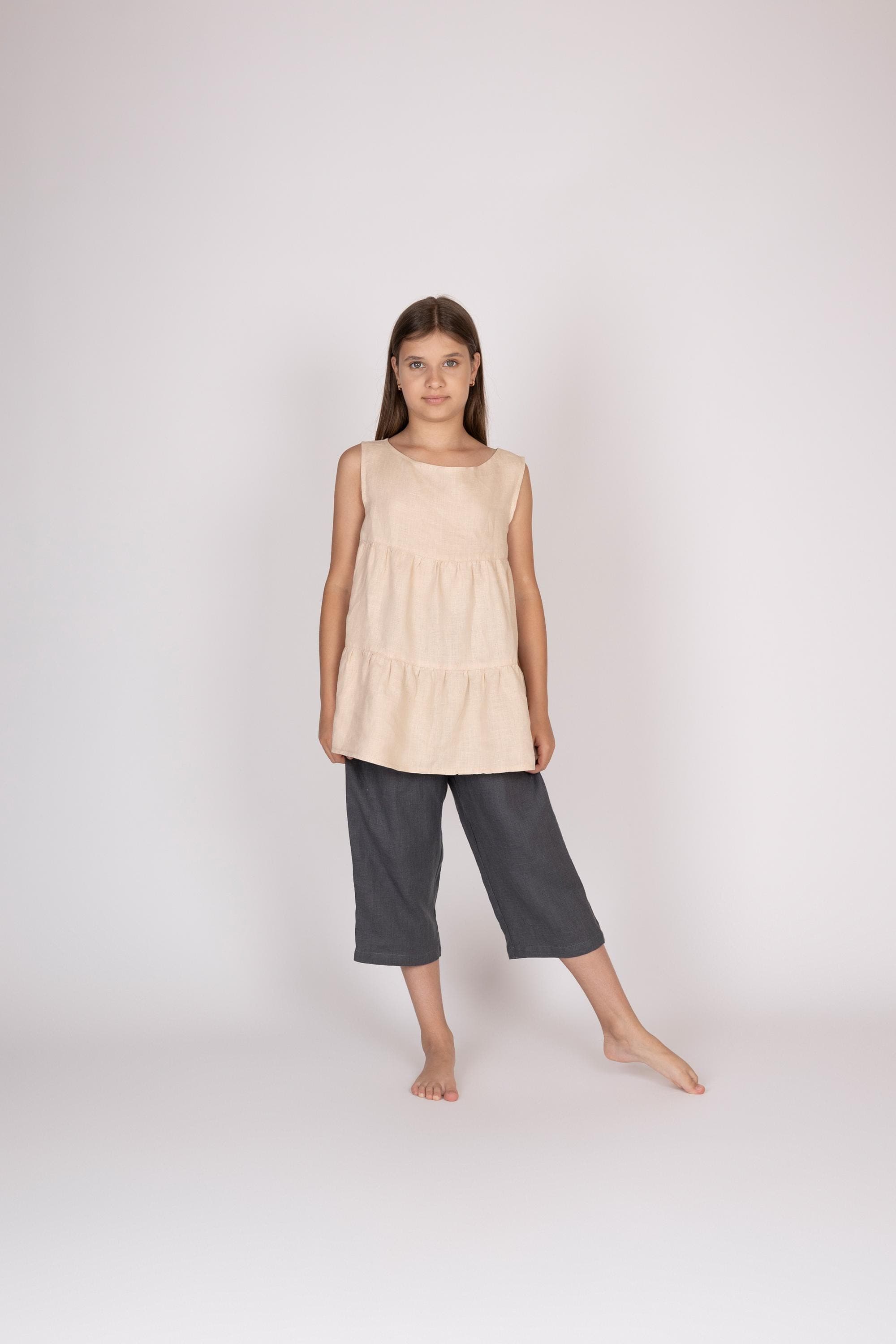 Belgian Linen Girls' Top - Summer Blouse without Sleeves - Flare Layered Style - 30 Colors