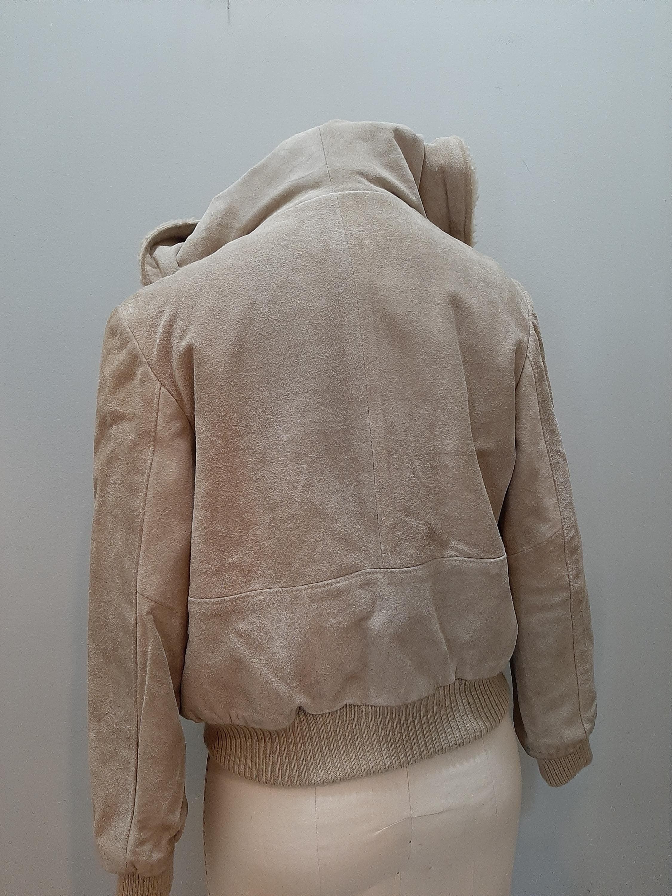 Bomber Jacket - Women's Size S Foxmoor Genuine Suede Leather Tan Vintage 1990s Shearling Leather Sherpa Pockets Snaps - image 5