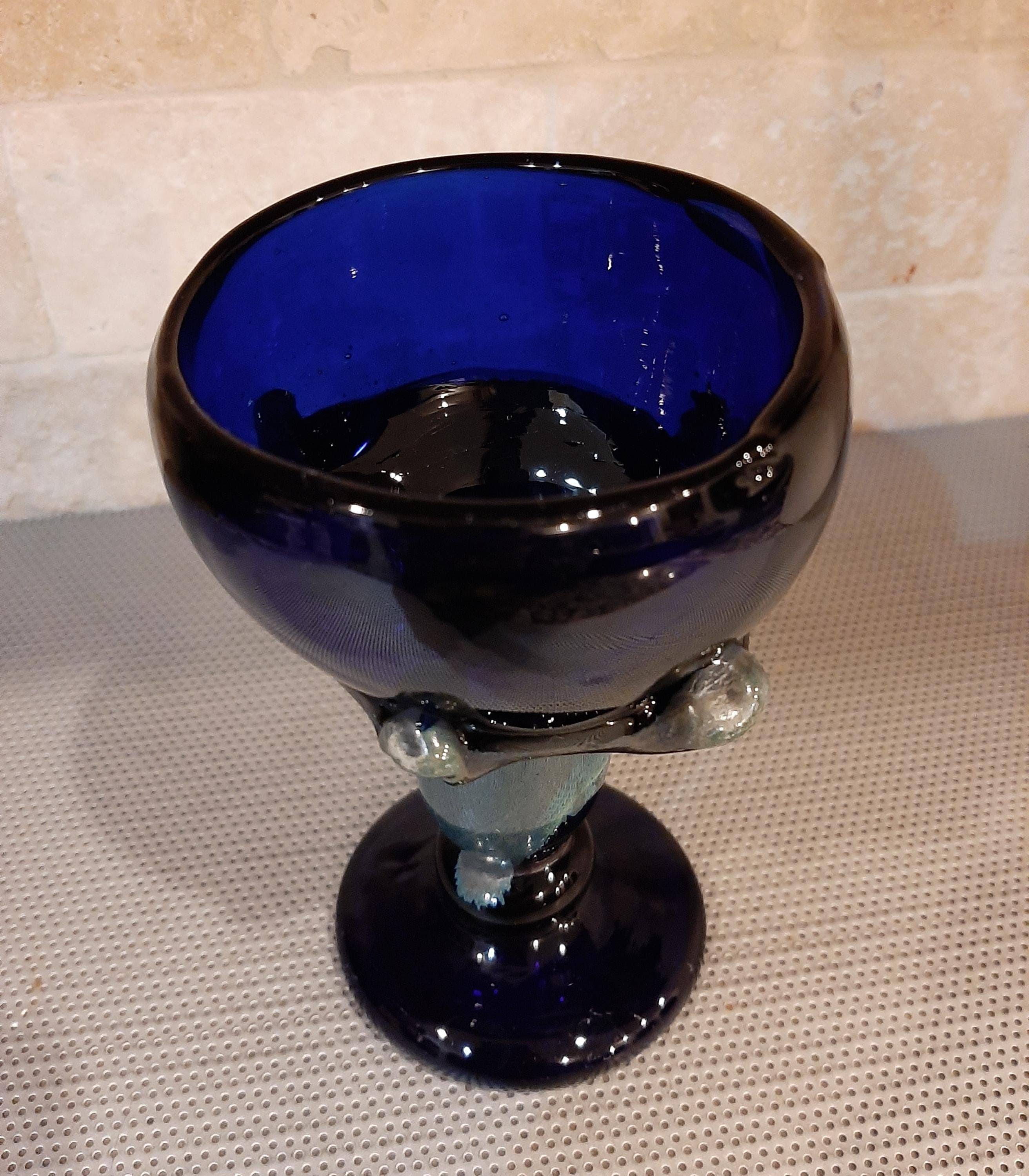 Vintage 1993 Handmade Cobalt Blue Glass Goblet Chalice Teal Stem Heavy and Thick Claw Design - image 4