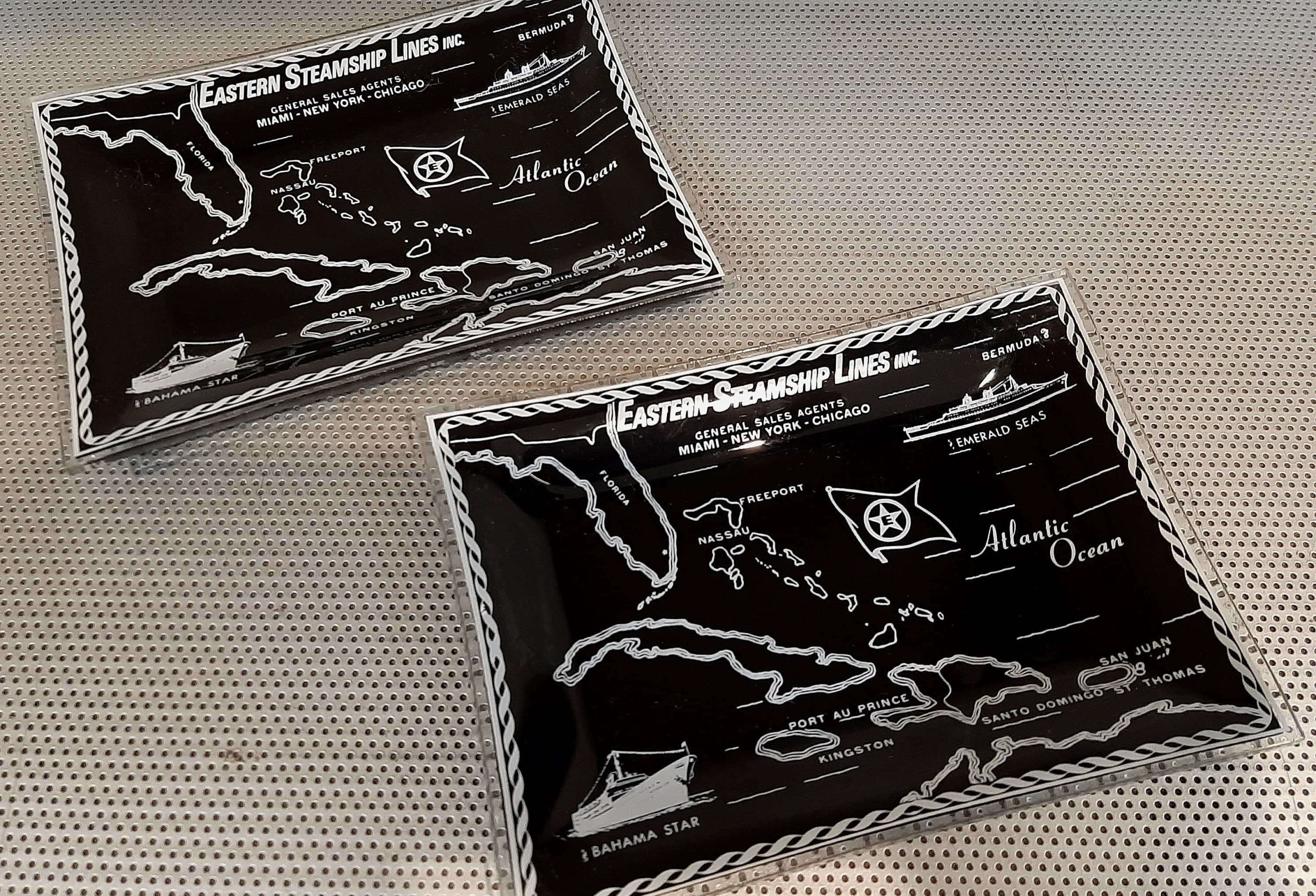 Set of 2 Vintage Eastern Steamship Lines Bahama Star Cruise Black and White Glass Trinket Jewelry Dishes Ashtrays