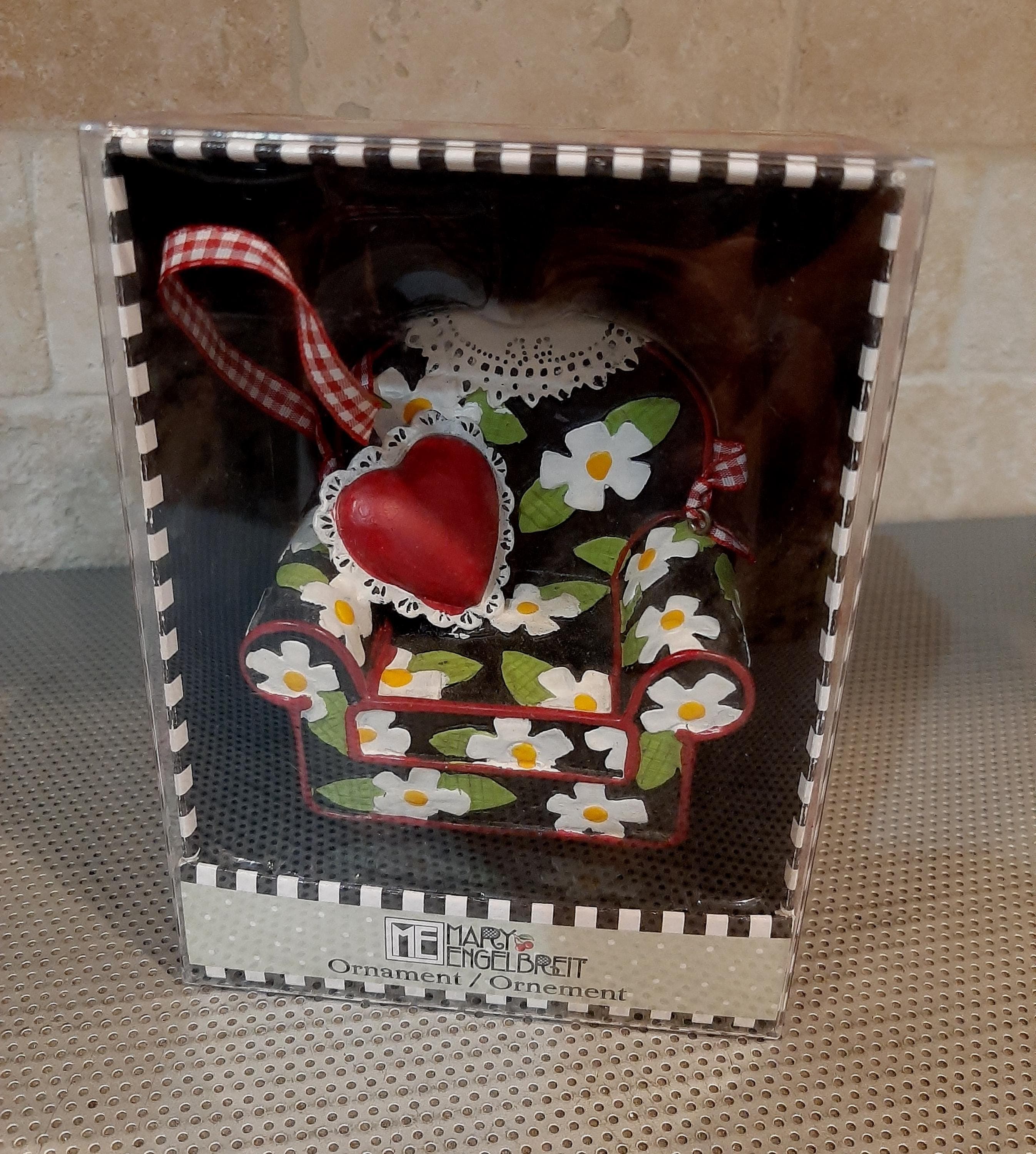 Vintage 1990s Mary Engelbriet Christmas Ornament Chair Sofa with Heart Pillow Doily Gingham Ribbon NEW IN BOX