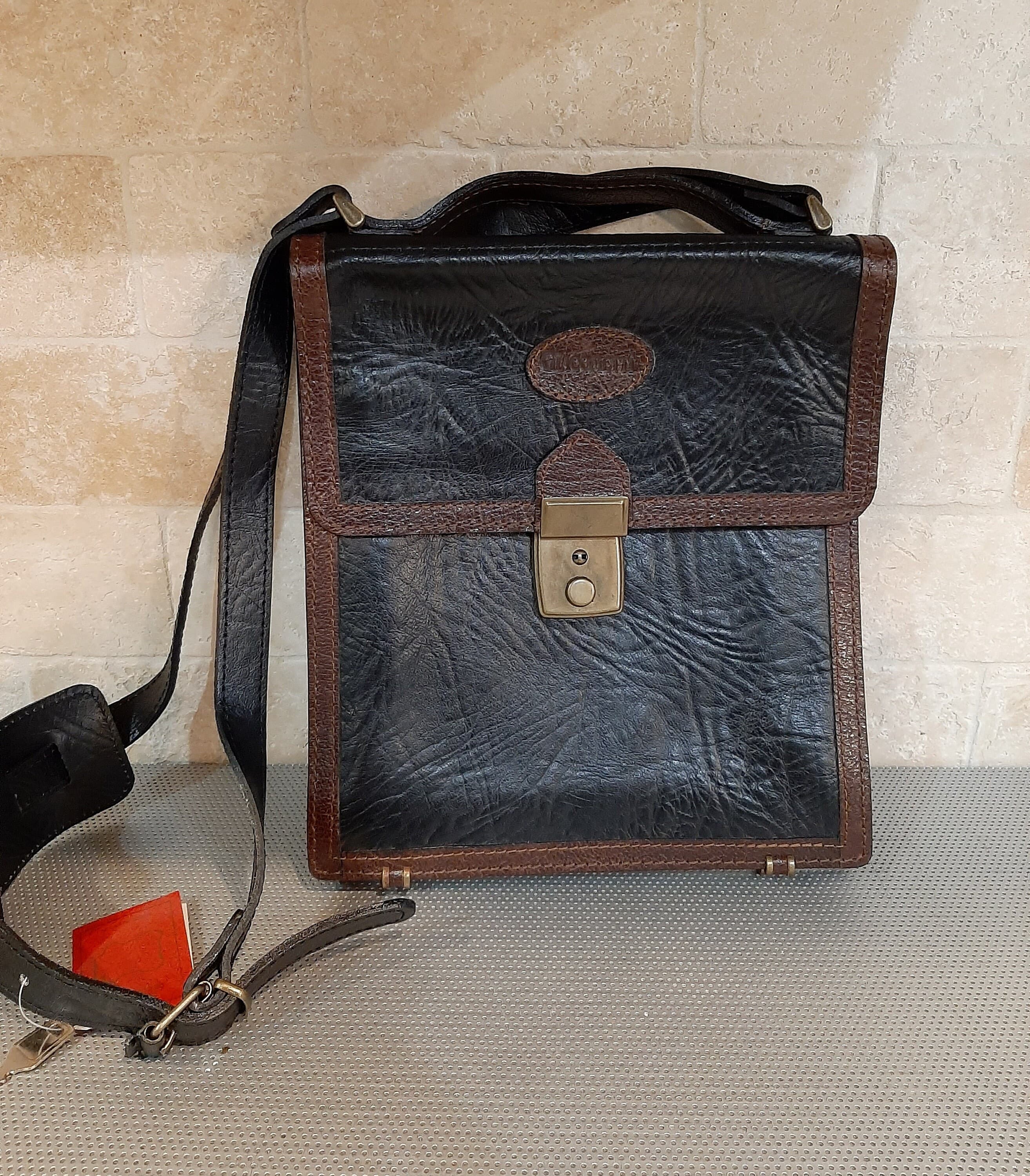 Vintage Giacometti Designer Black and Brown Fine Spanish Leather Crossbody Saddle Bag Messenger NEW with Tags Locking Key Unisex Handbag