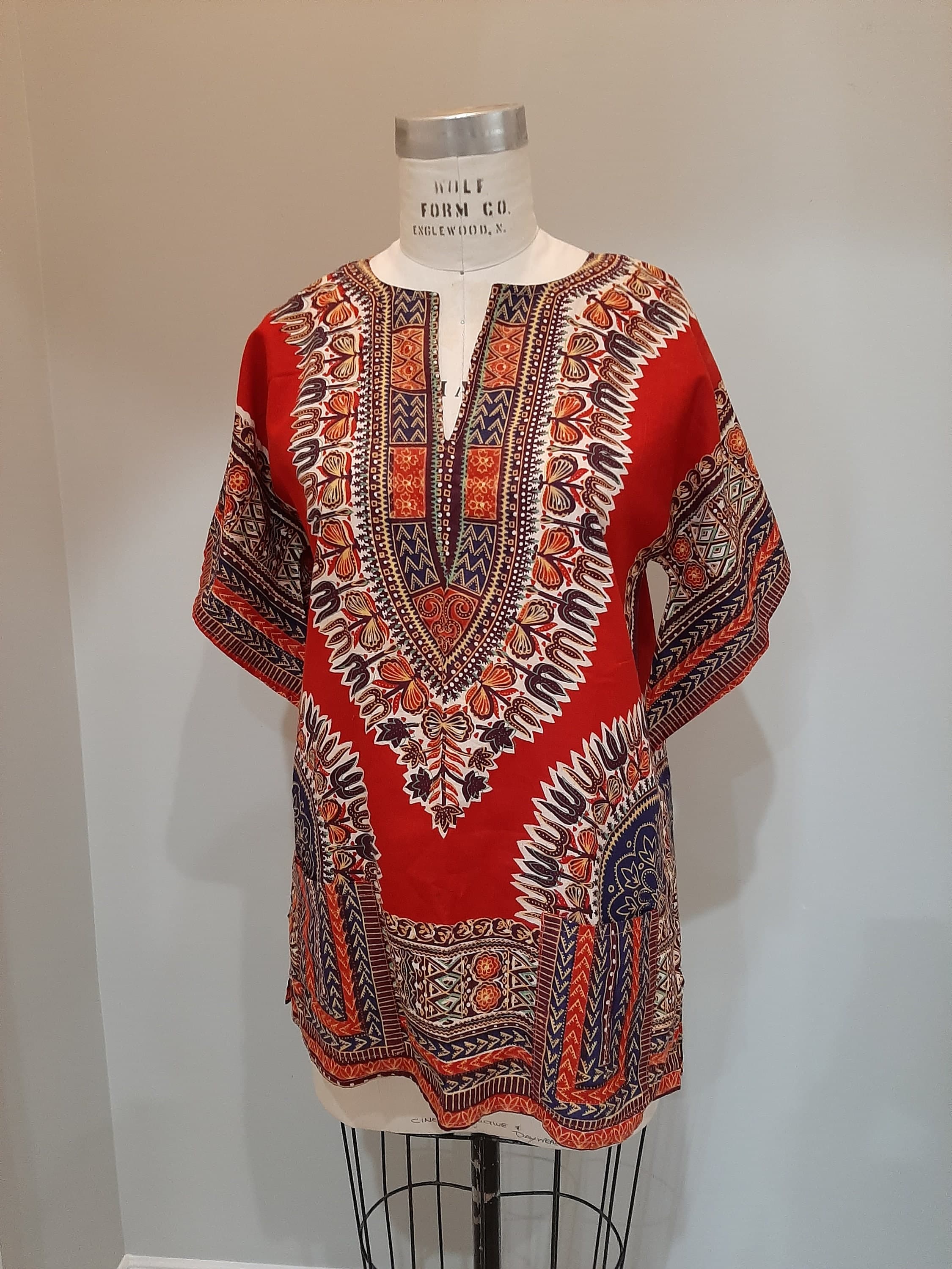 Vintage 1960s 70s Dashiki Pakistan Sleeveless Cotton Tunic Blouse Afghani Boho Tribal Print Gypsy Ethnic~Size Medium