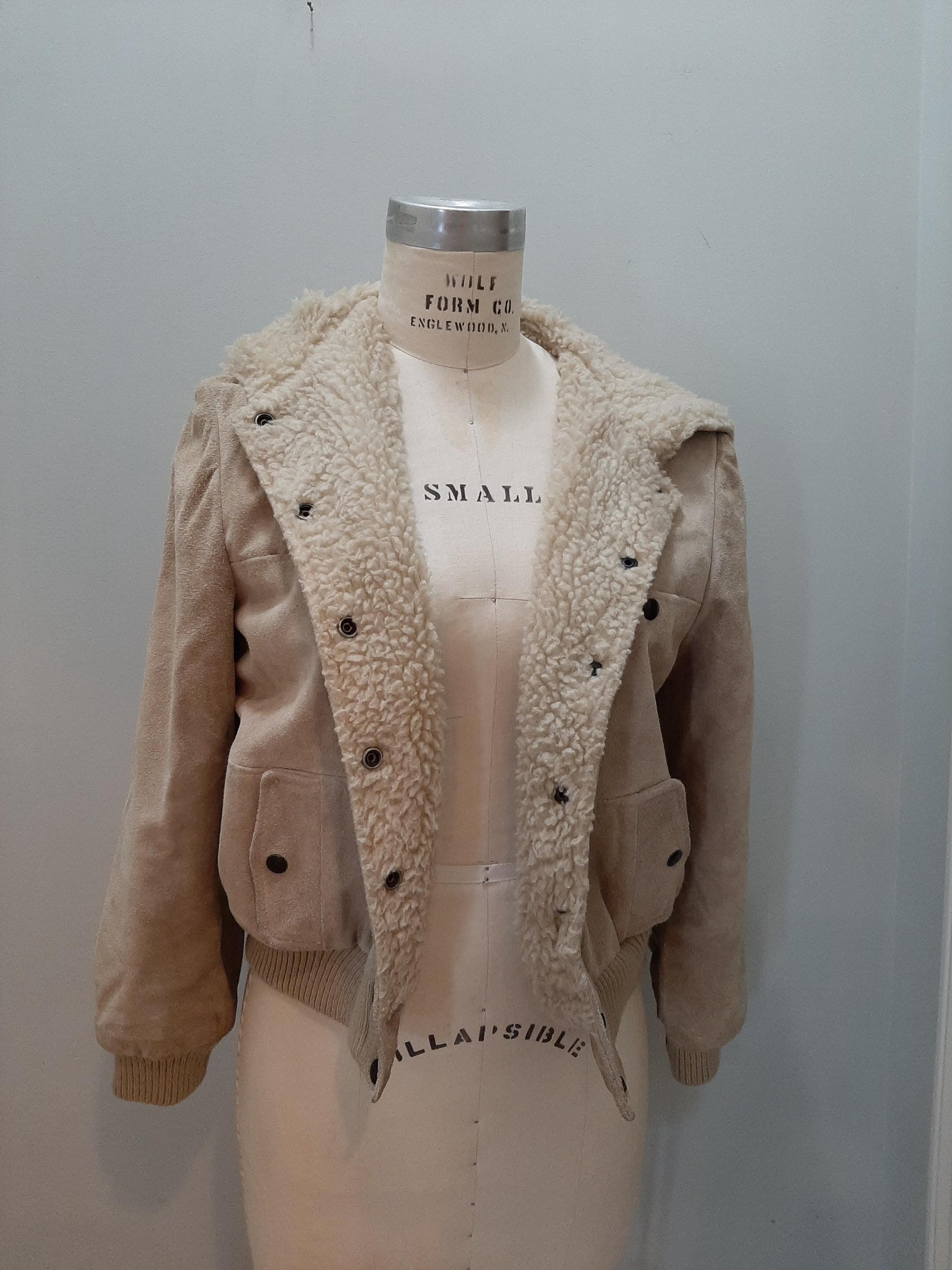 Bomber Jacket - Women's  Size S Foxmoor Genuine Suede Leather Tan Vintage 1990s Shearling Leather Sherpa Pockets Snaps
