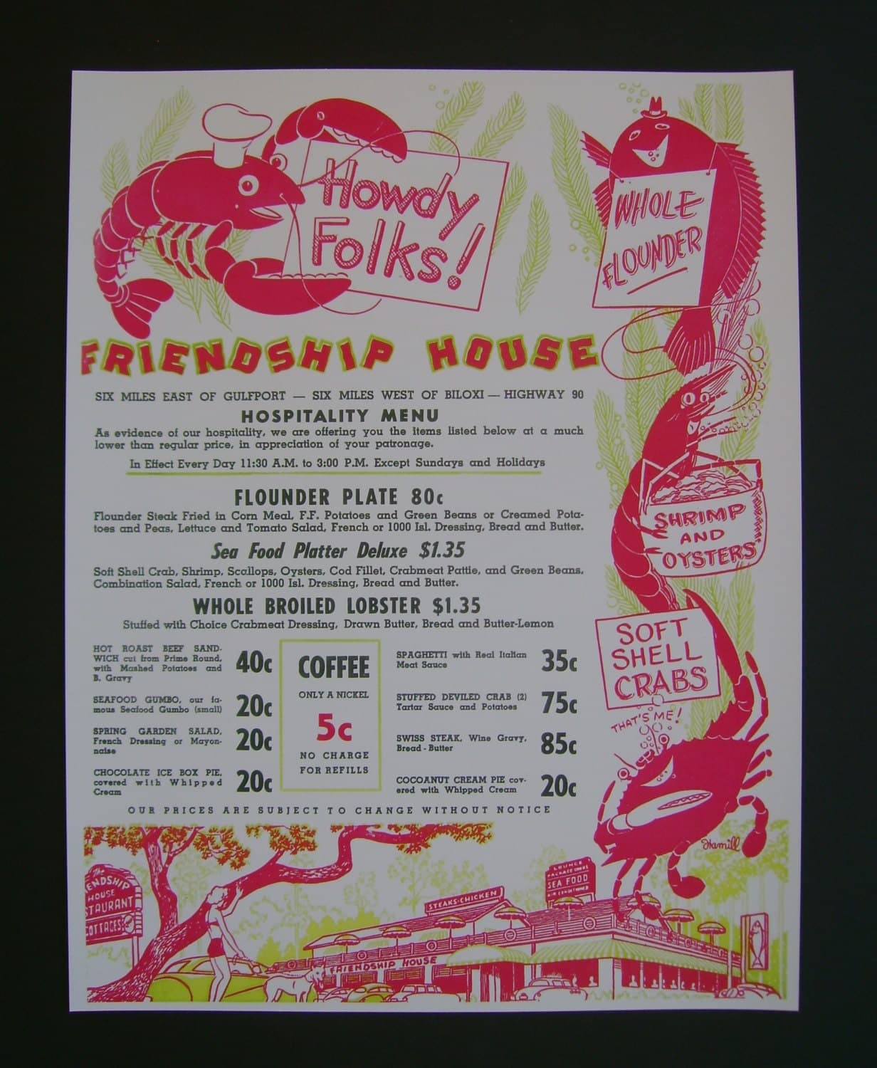 Vintage Advertising Menu Reproduction 1950s Friendship House, Biloxi, Mississippi Gulf Coast