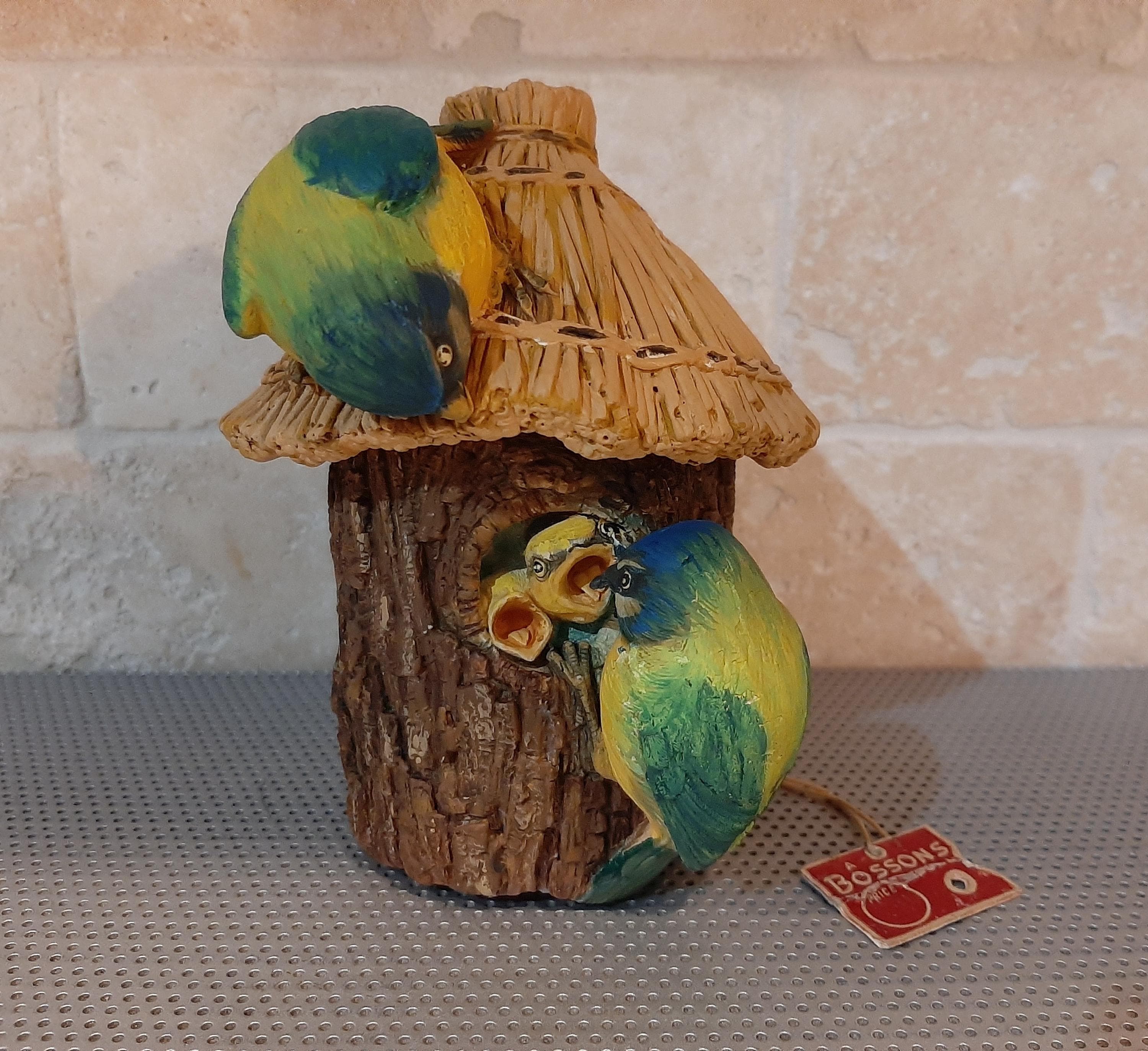 Vintage MCM 1967 Bossons England Chalkware Blue Tits Birds Feeding Babies Wall Hanging New Old Stock in Box Bird Lover Gift