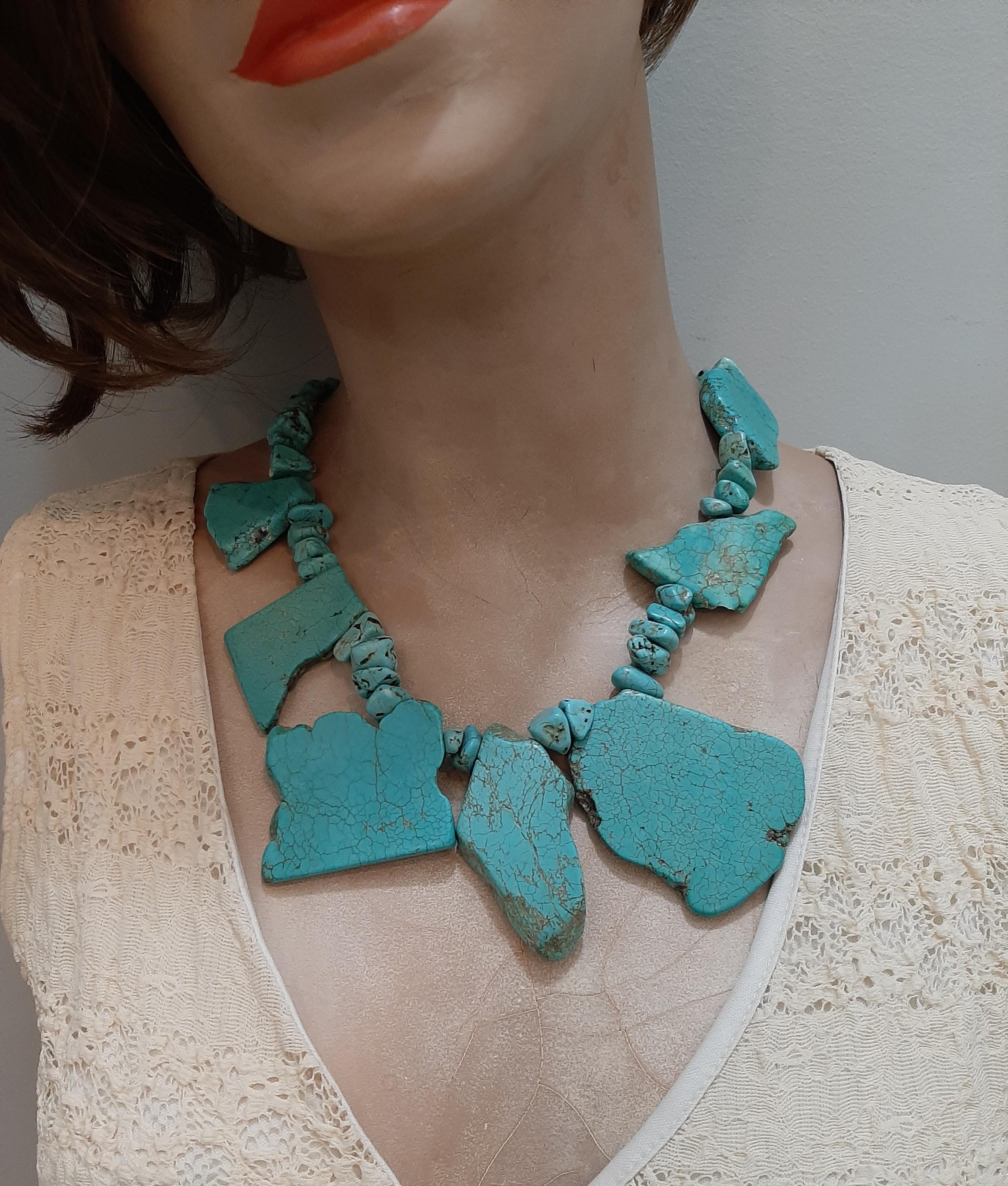 Vintage Slab Turquoise Chunky Choker Boho Statement Necklace
