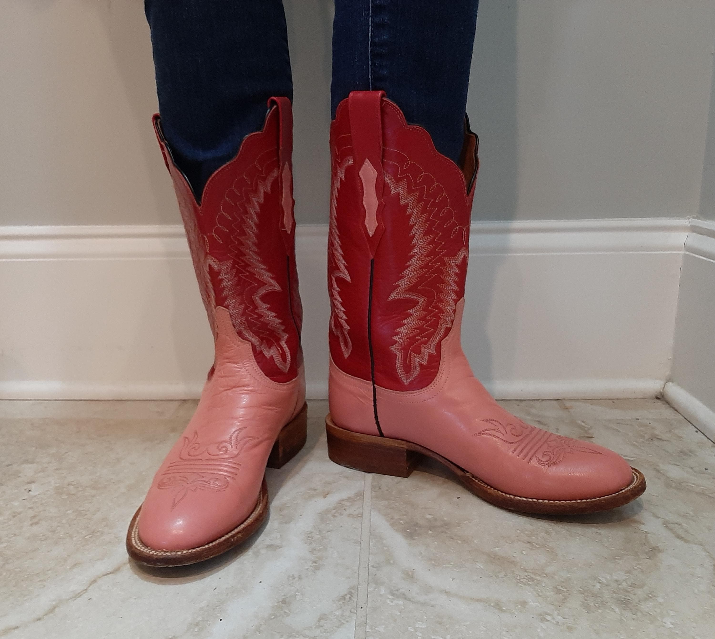 Women's Lucchese 2000 Pink/Red Leather Cowgirl Western Boots 7 1/2 B RARE COLOR - image 4