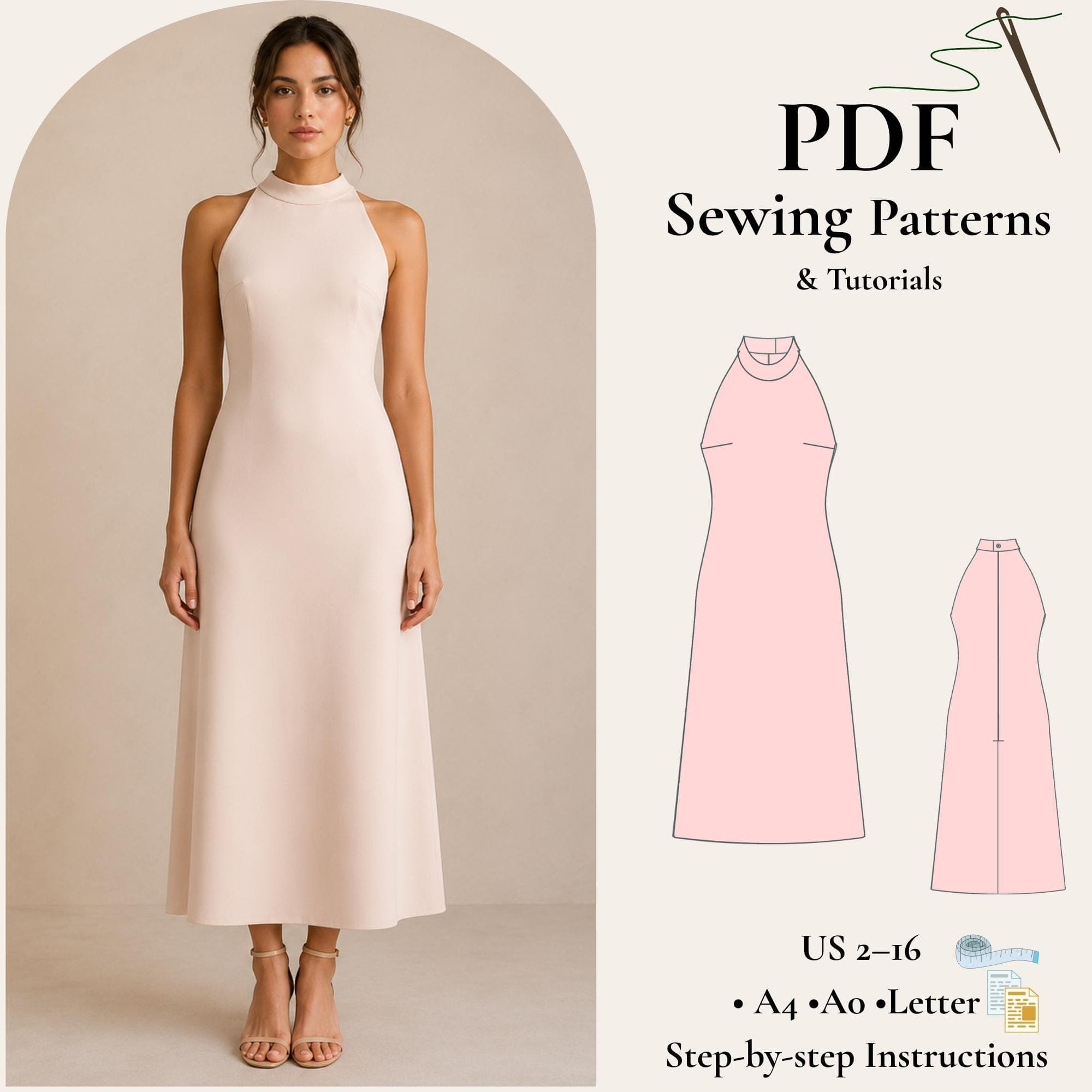 Rosie Halter Neck Midi Cocktail Dress Pattern PDF Digital Sewing Pattern