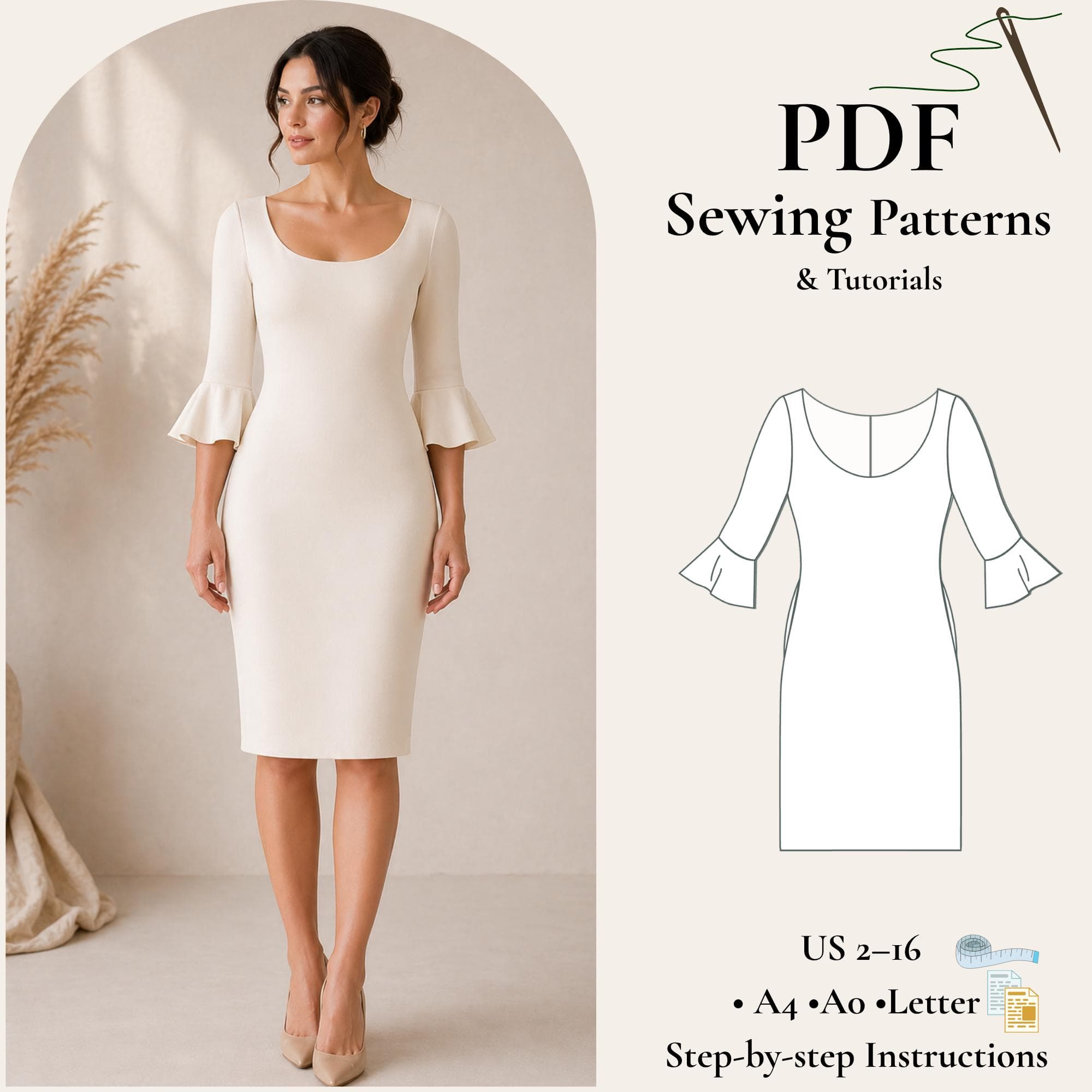 Knee Length Dress Sewing Pattern PDF, Scoop Neck Dress Pattern, Bell Sleeve Dress, Fitted Dress Pattern, Women Dress PDF