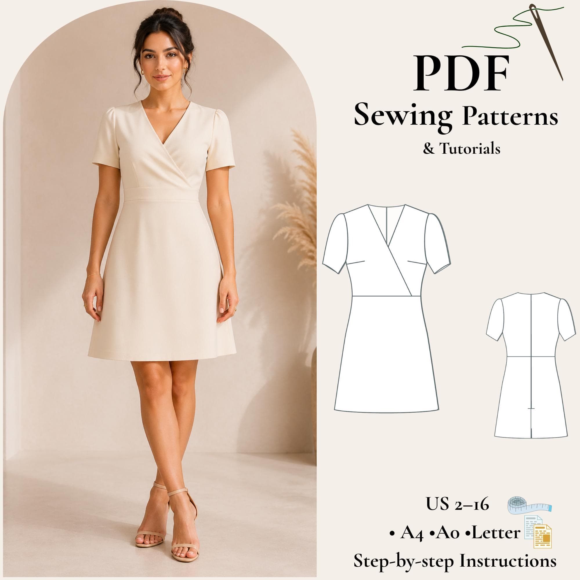 Wrap Mini Dress Sewing Pattern PDF, V Neck Dress Pattern, Short Sleeve Dress, A Line Dress Pattern, Beginner Sewing Pattern XS-5XL
