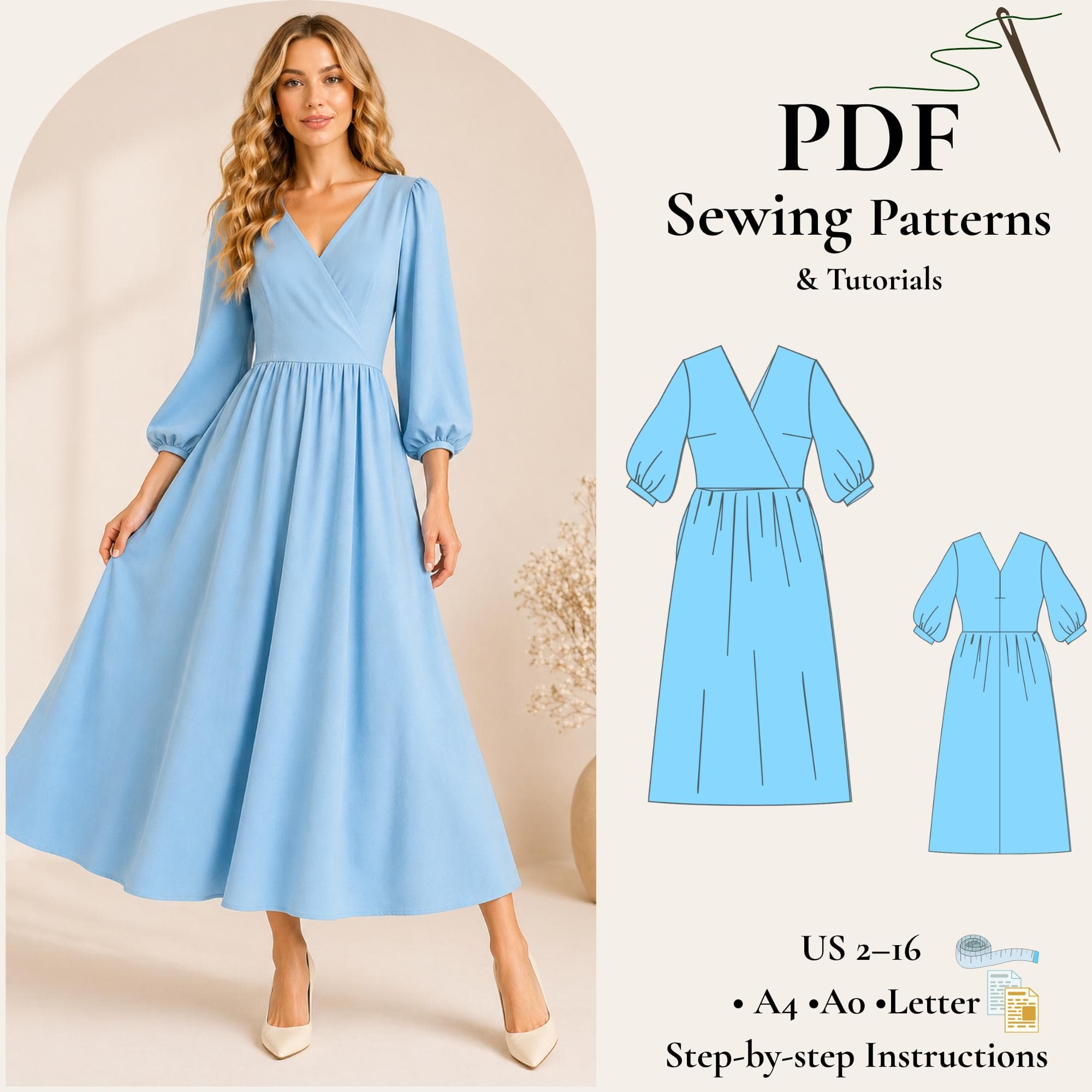 Wrap Midi Dress Sewing Pattern PDF, Bishop Sleeve Dress Pattern, Surplice Neck Dress, Women Dress Pattern, A4 A0 Letter, US 2–16
