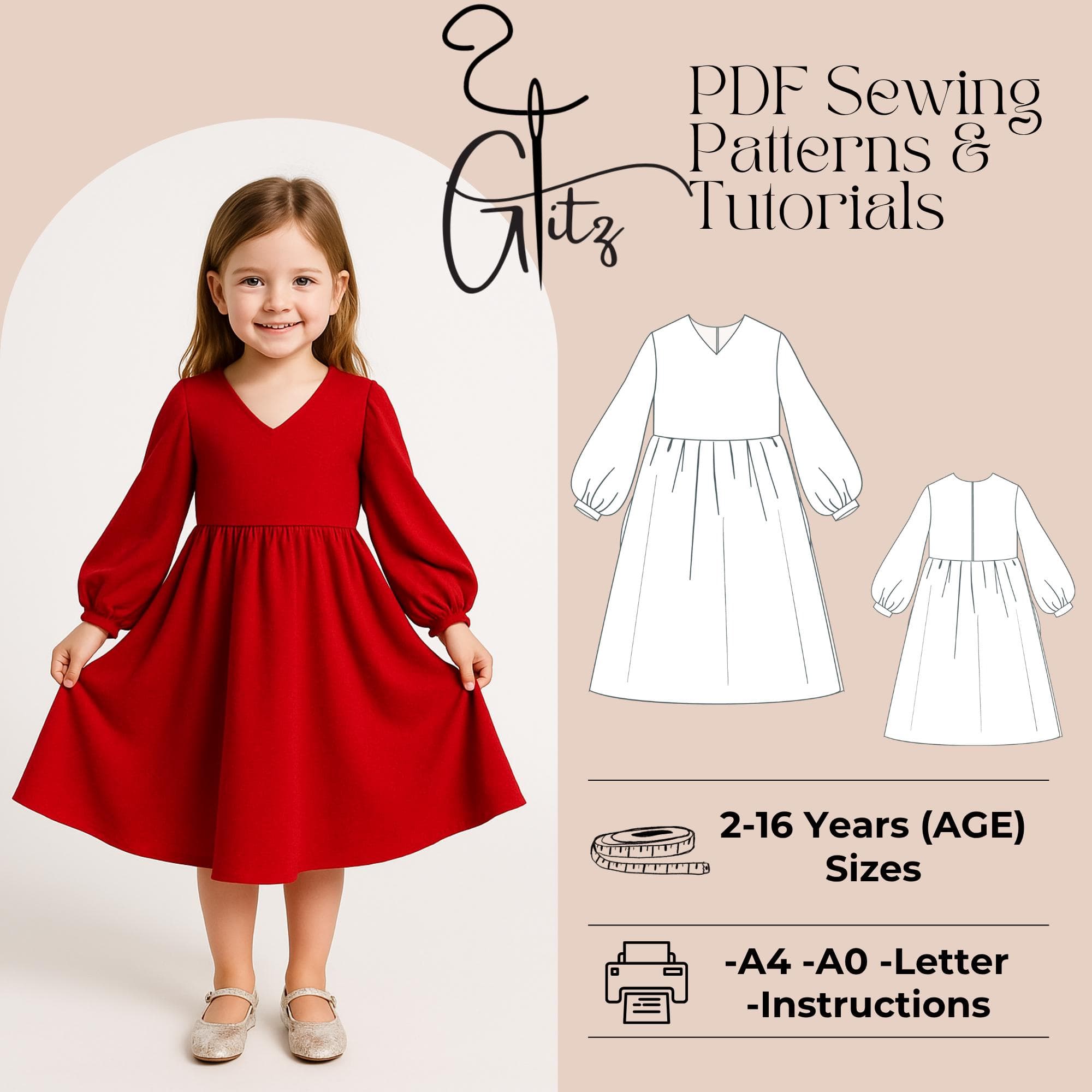Kids Dress Sewing Pattern Baby Girl Dress Gathered Dress Long Sleeve Evening Dress Pattern - image 4