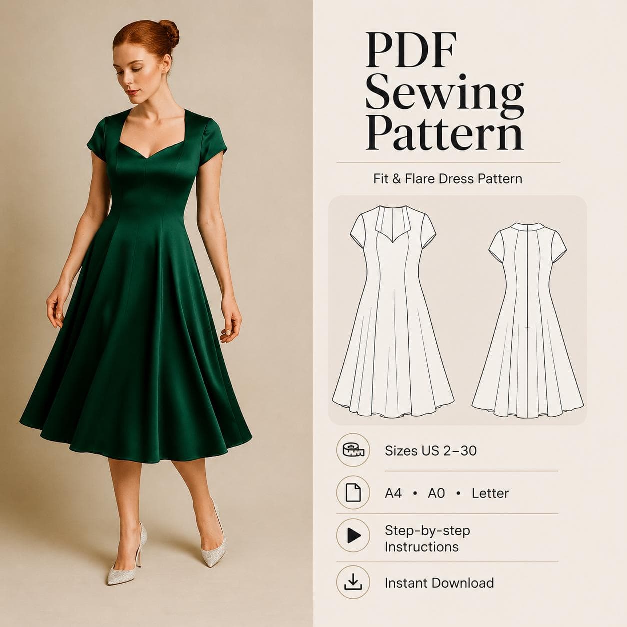 Midi Sweetheart Dress Sewing Pattern, Evening Gown (PDF Pattern)