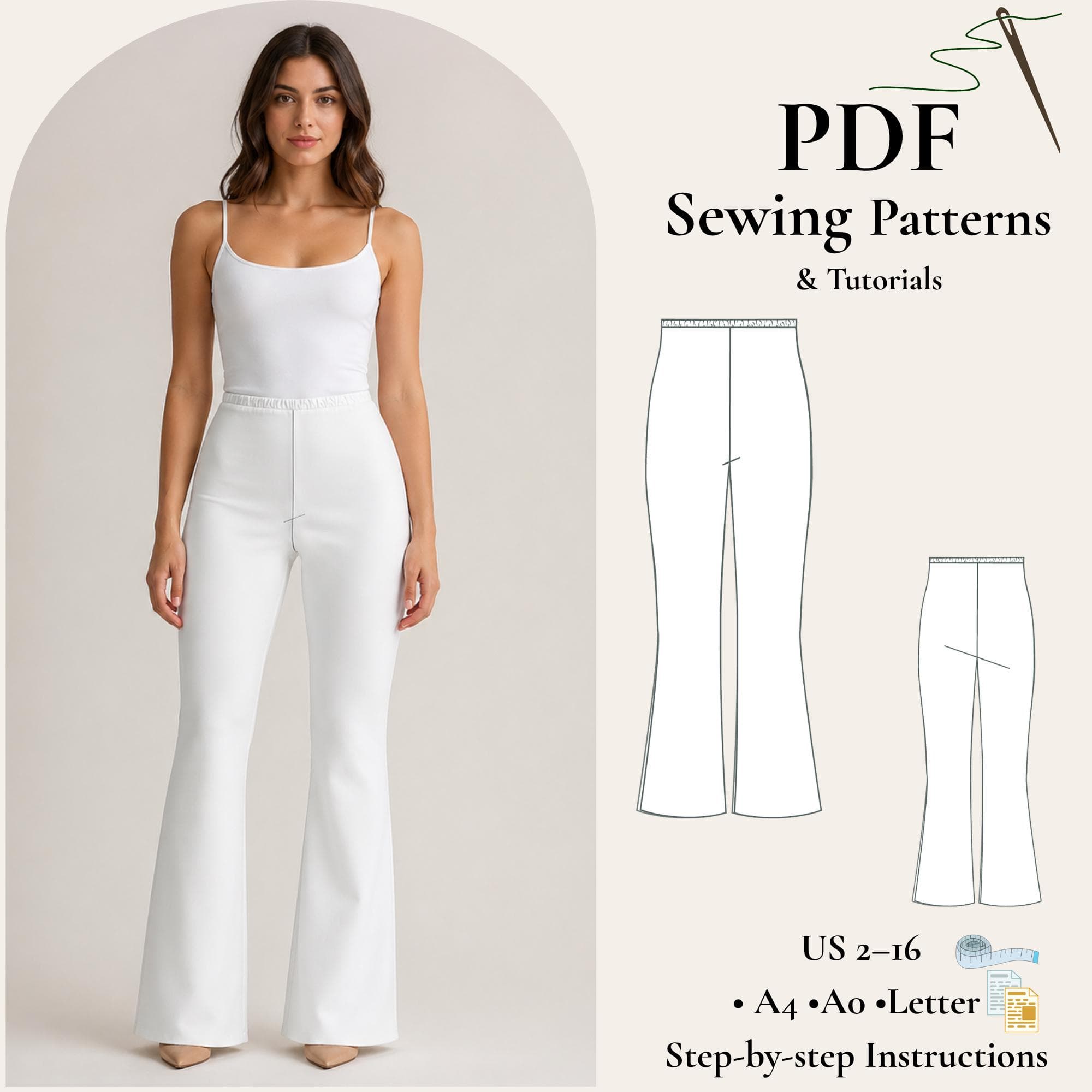 Flared Pants Sewing Pattern PDF, High Waist Elastic Waist Trousers, Bell Bottom Pants Pattern, Knit Pants Pattern, Digital Download