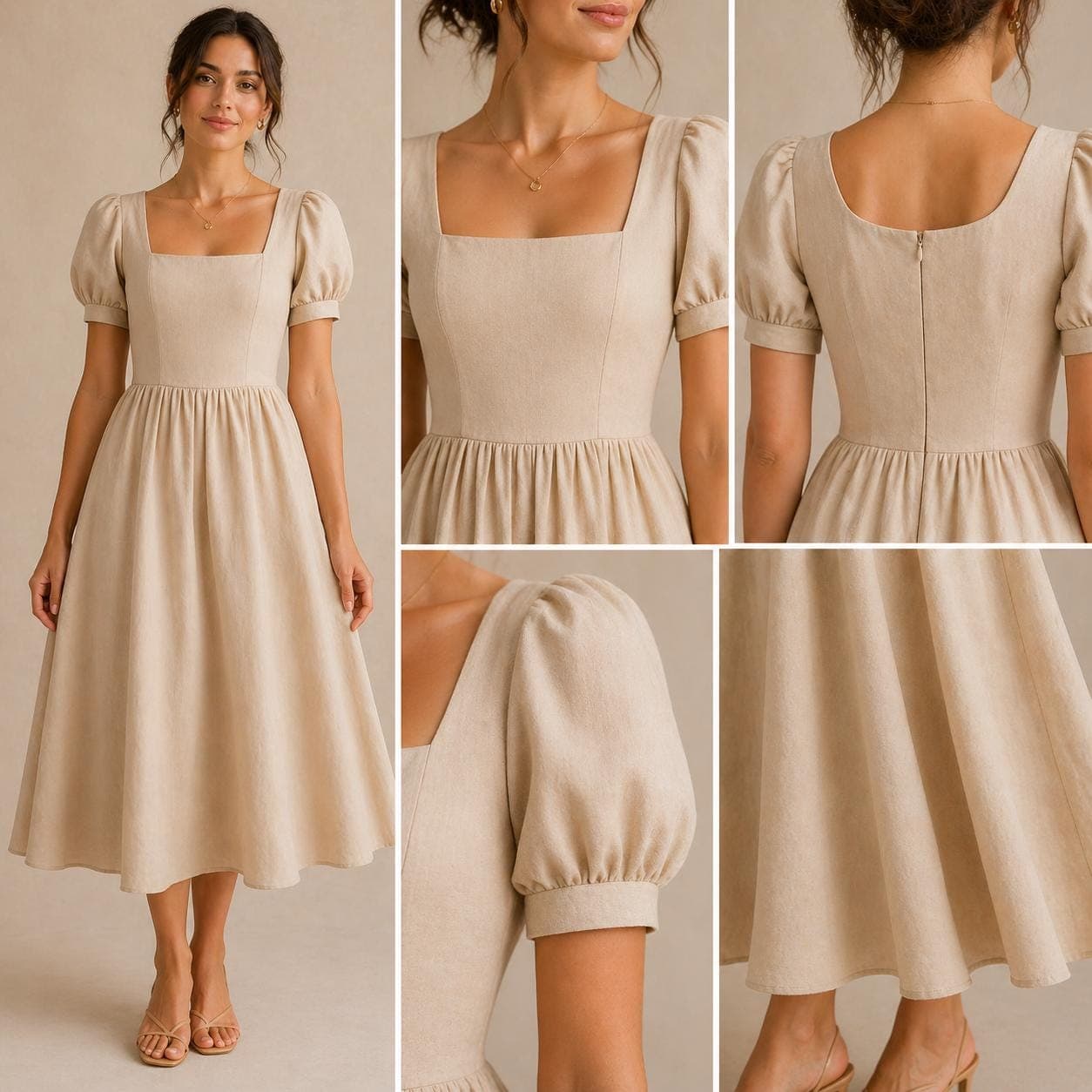 Square Neck Midi Dress Sewing Pattern, Puff Sleeve Dress PDF, Summer Dress Pattern, Princess Seam Bodice, A Line Dress XS-5XL - image 3