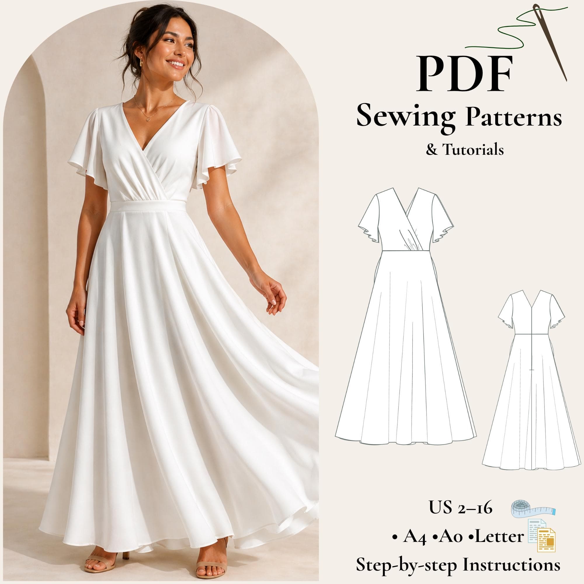 Wrap Maxi Dress Sewing Pattern PDF, V Neck Boho Dress Pattern, Flutter Sleeve Dress, Flowy Dress Pattern, Women Sewing Pattern XS-5XL
