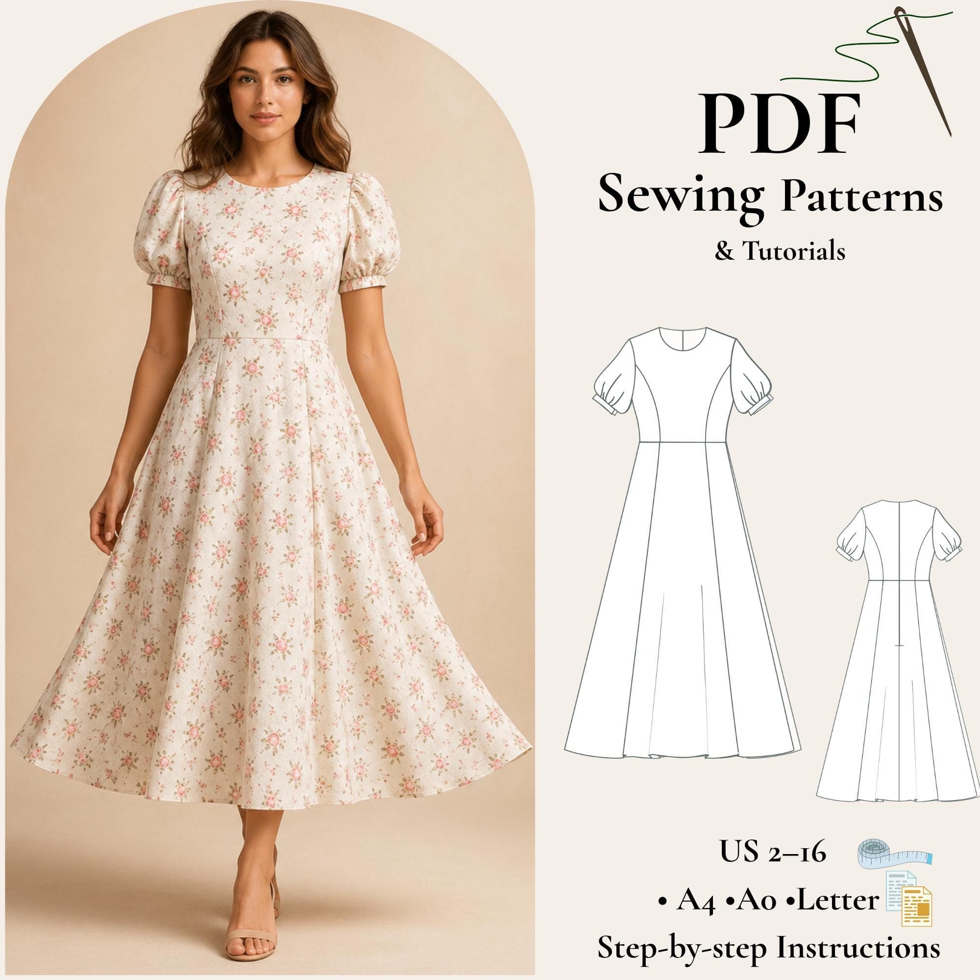 Floral Midi Dress Sewing Pattern PDF, Puff Sleeve Dress Pattern, Cottagecore Dress, Princess Seam Dress XS-5XL